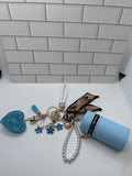 White Wristlet Keychain Bundles-Blue Cylindrical Bag, Blue Charms, Blue Heart Charm