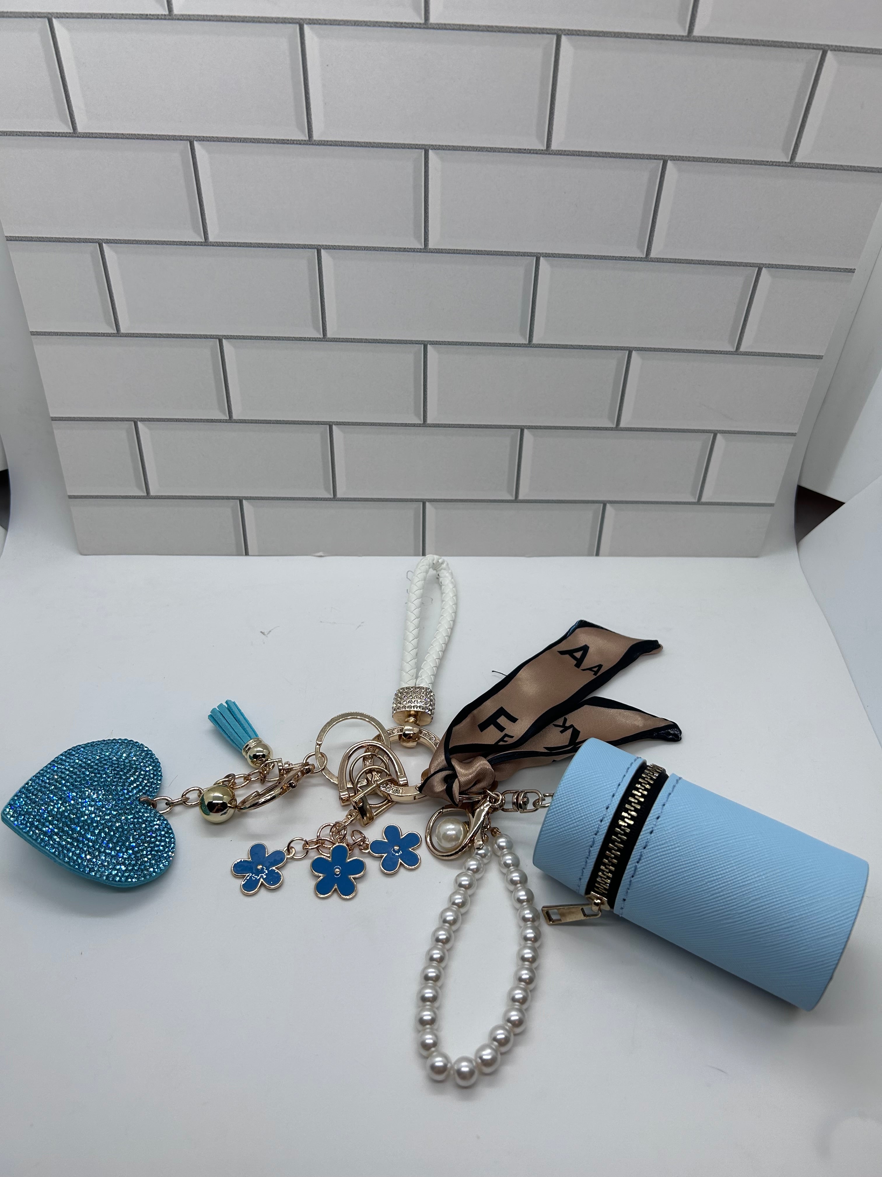 White Wristlet Keychain Bundles-Blue Cylindrical Bag, Blue Charms, Blue Heart Charm