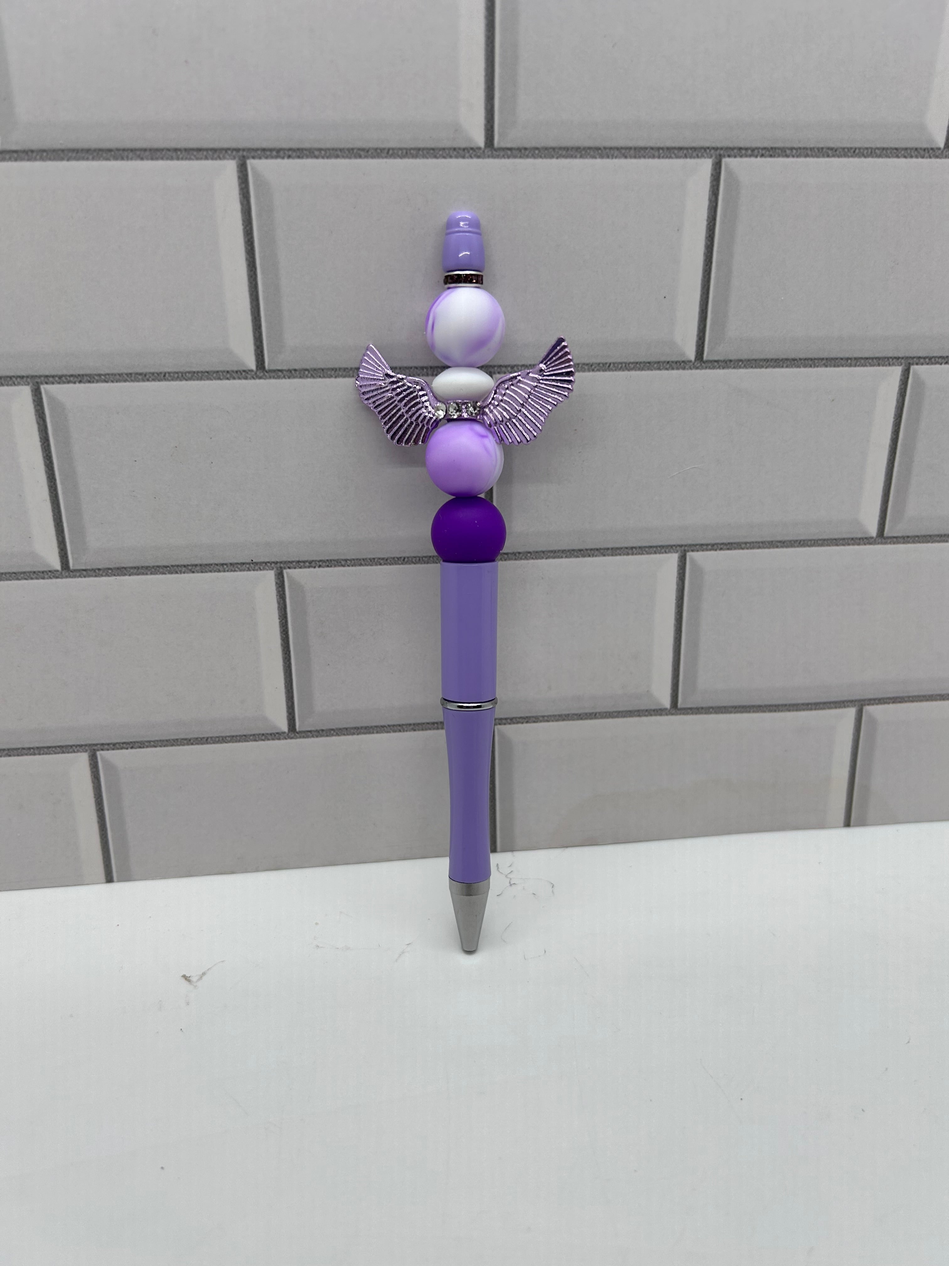 Beaded Ballpoint Pen-Purple with Acrylic & Silicone Beads with Wings Focal