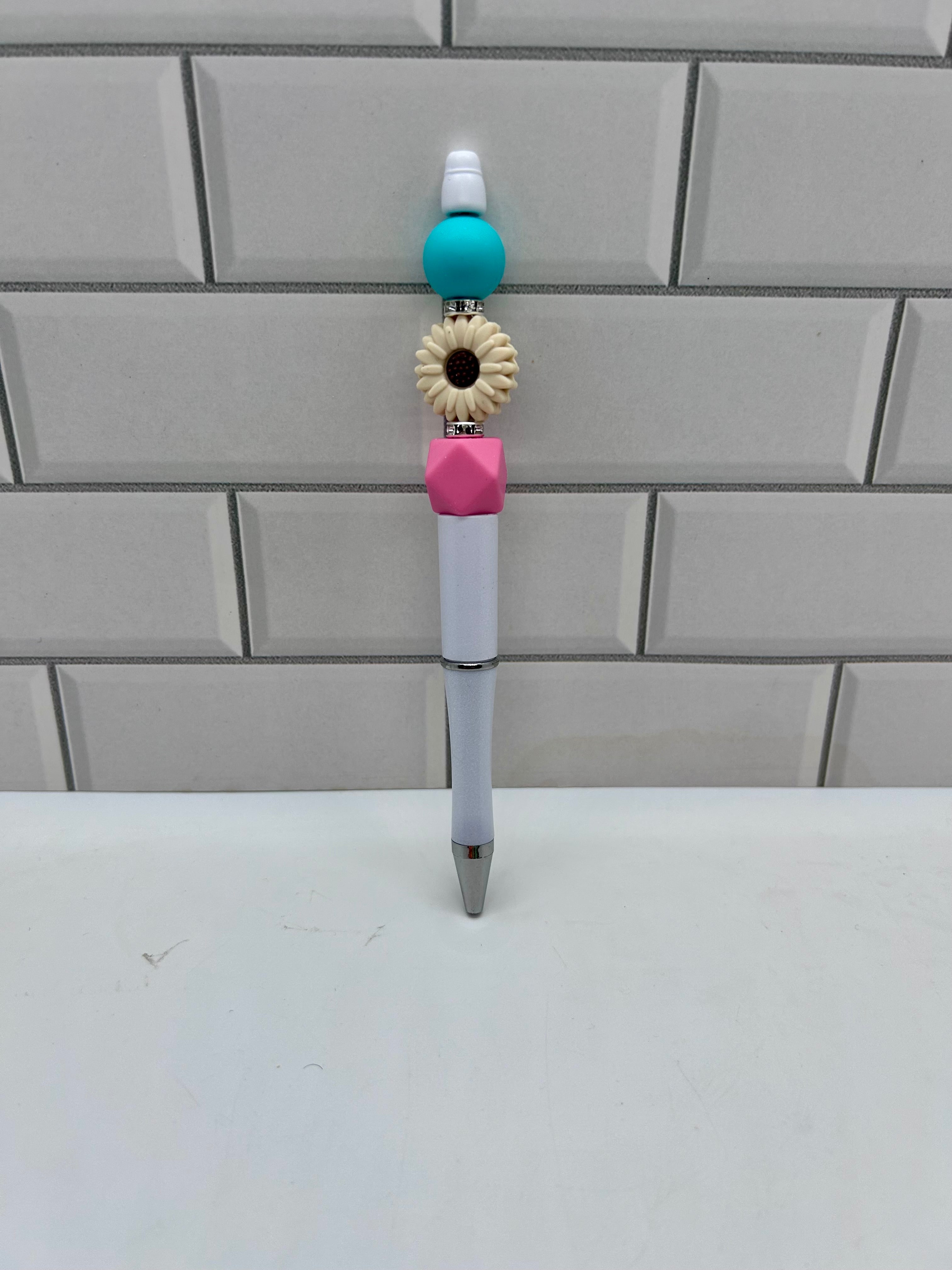 Beaded Ballpoint Pen- White Silicone w/Flower Focal
