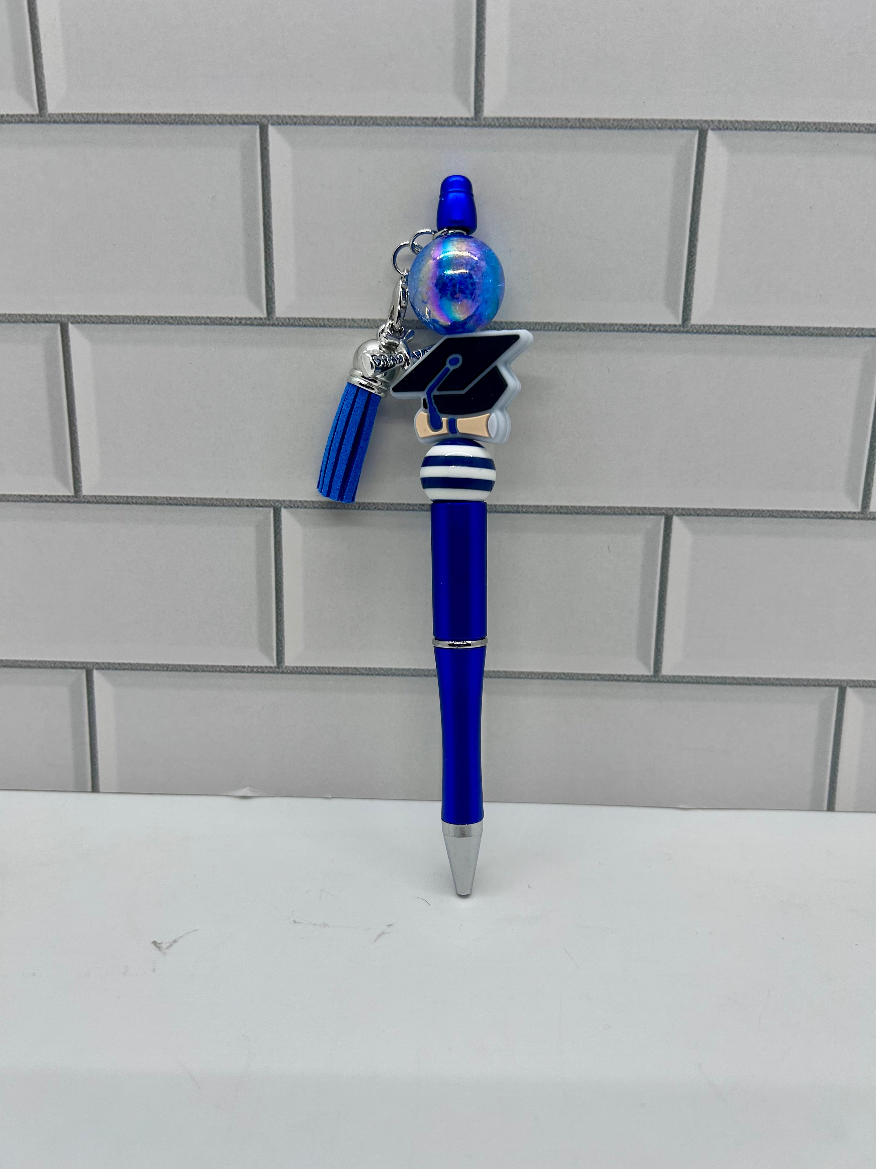 Beaded Ballpoint Pens-Blue with Graduation Theme