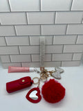 White Rhinestone Wristlet Bling Keychain Bundle-Red Pompom, Red Heart Mirror, Red Lipstick Case, White Bow Charm with Cream Flavor