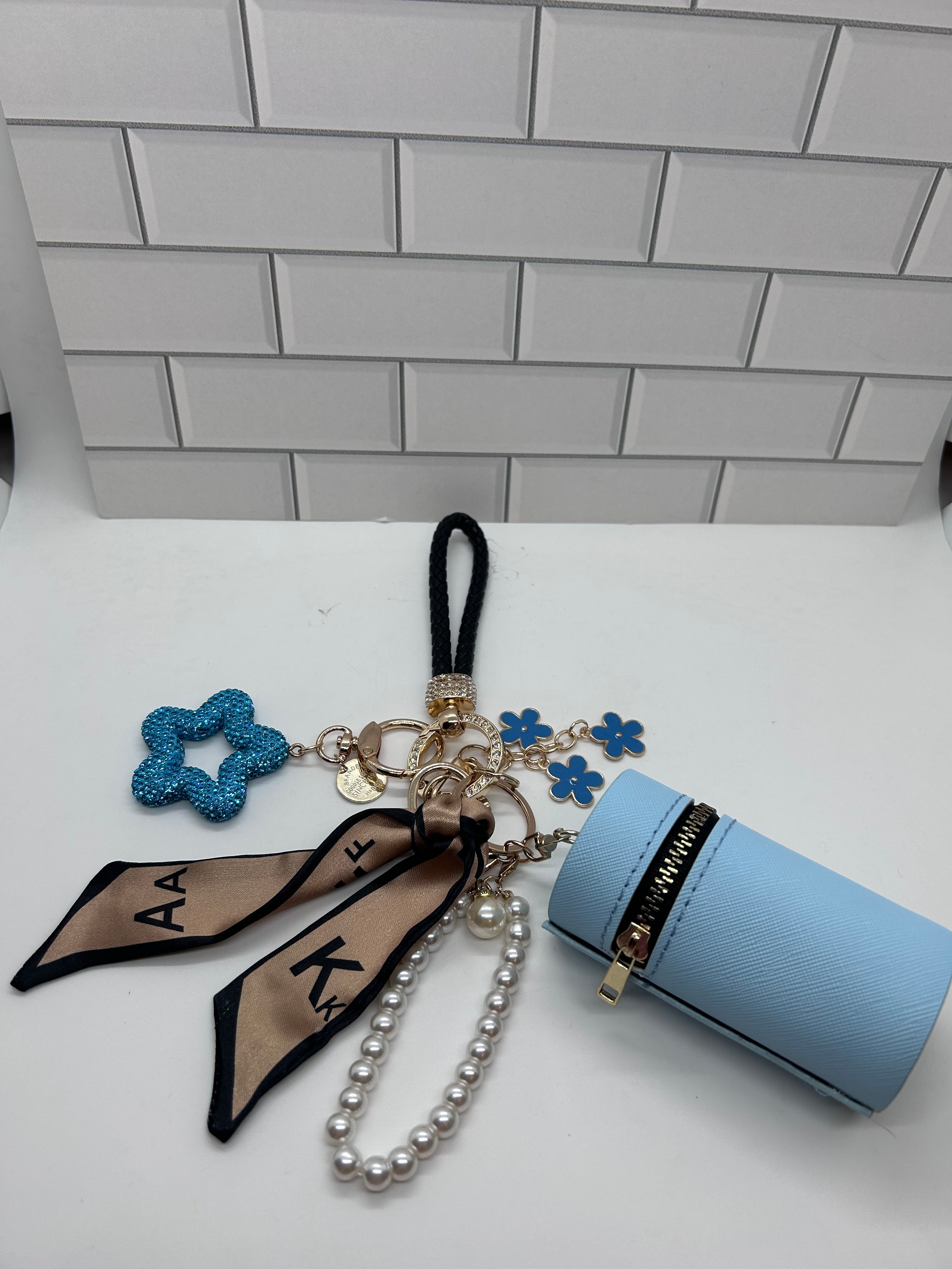 Black Wristlet Keychain Bundles-Blue Cylindrical Bag, Blue Charms, Blue Star Charm