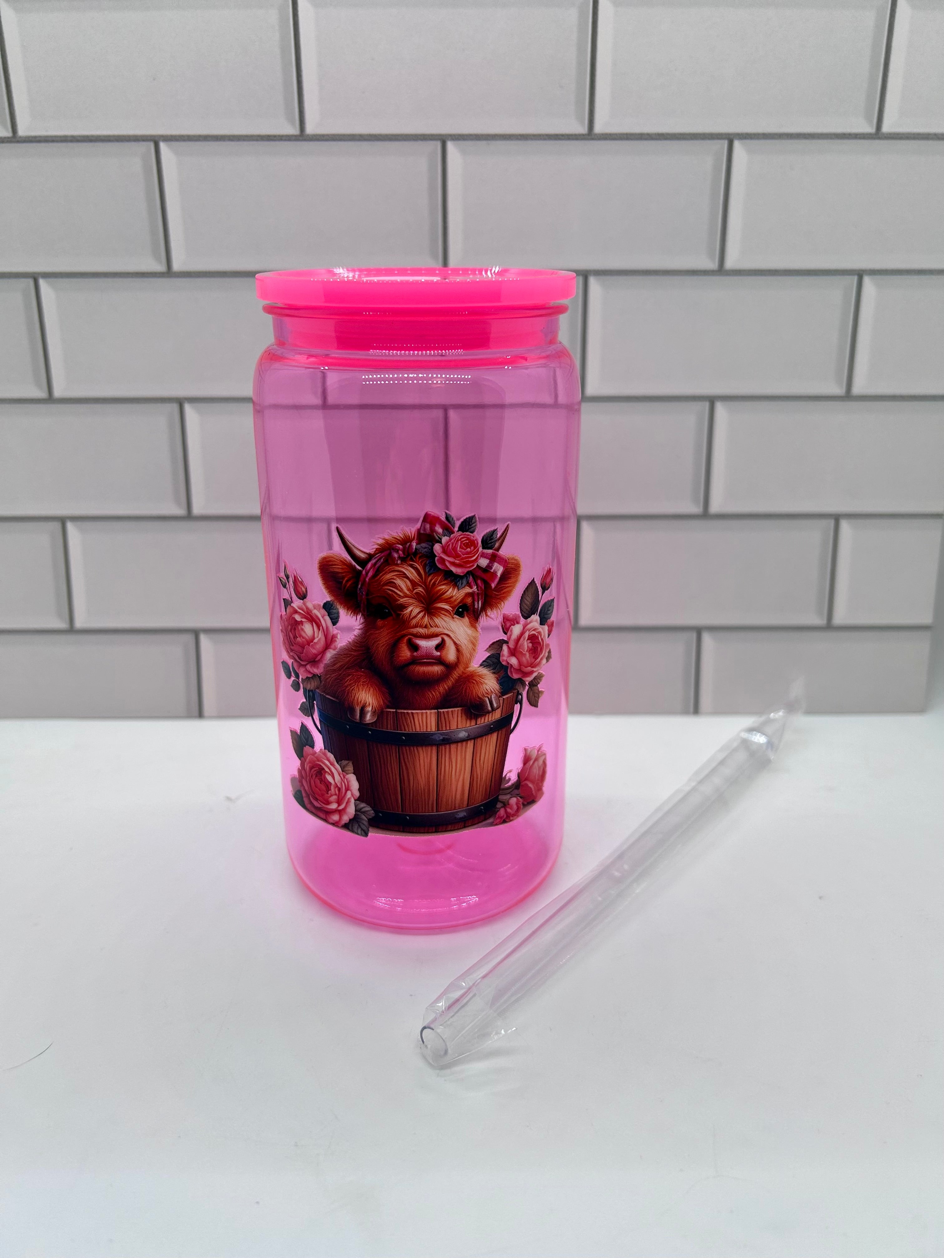 16 oz Acrylic Ombre Tumbler with Highland CowTheme-Pink