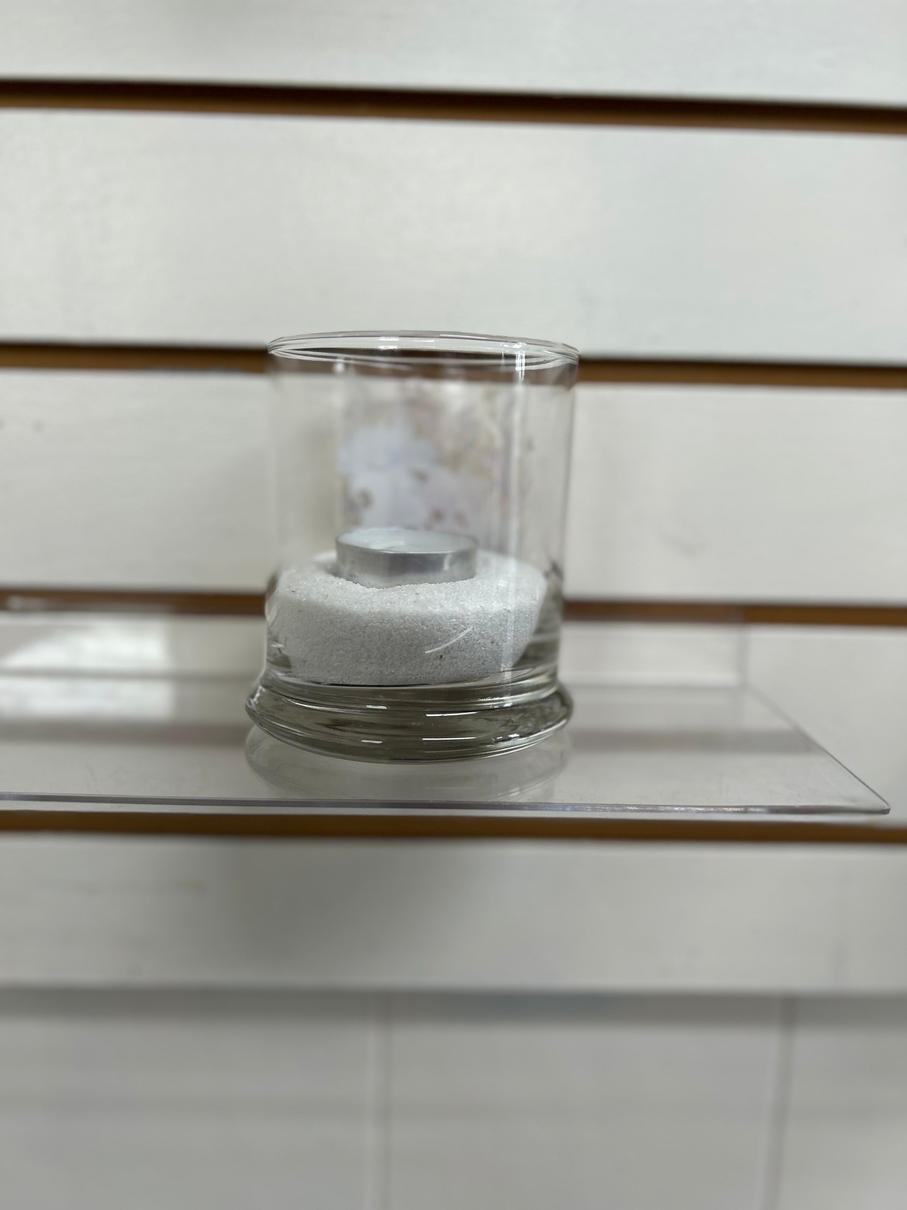 Photophore en verre-Personnalisé avec les sables blancs, des galets clairs ou des roches bleues, livré avec 2 bougies chauffe-plat