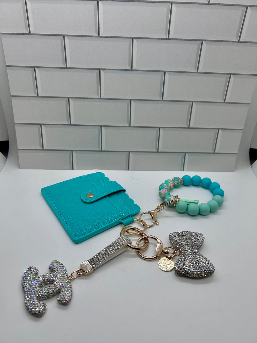 I.D. Wristlet Keychain Bundle-Teal with White Cc Charm, White Bow Charm, Silicone Bracelet