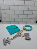 I.D. Wristlet Keychain Bundle-Teal with White Cc Charm, White Bow Charm, Silicone Bracelet