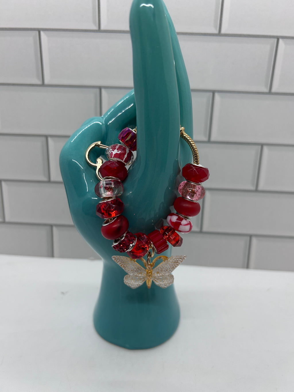 Beaded Gold  Bag Charms-Red Acrylic Beads with White Butterfly Charm