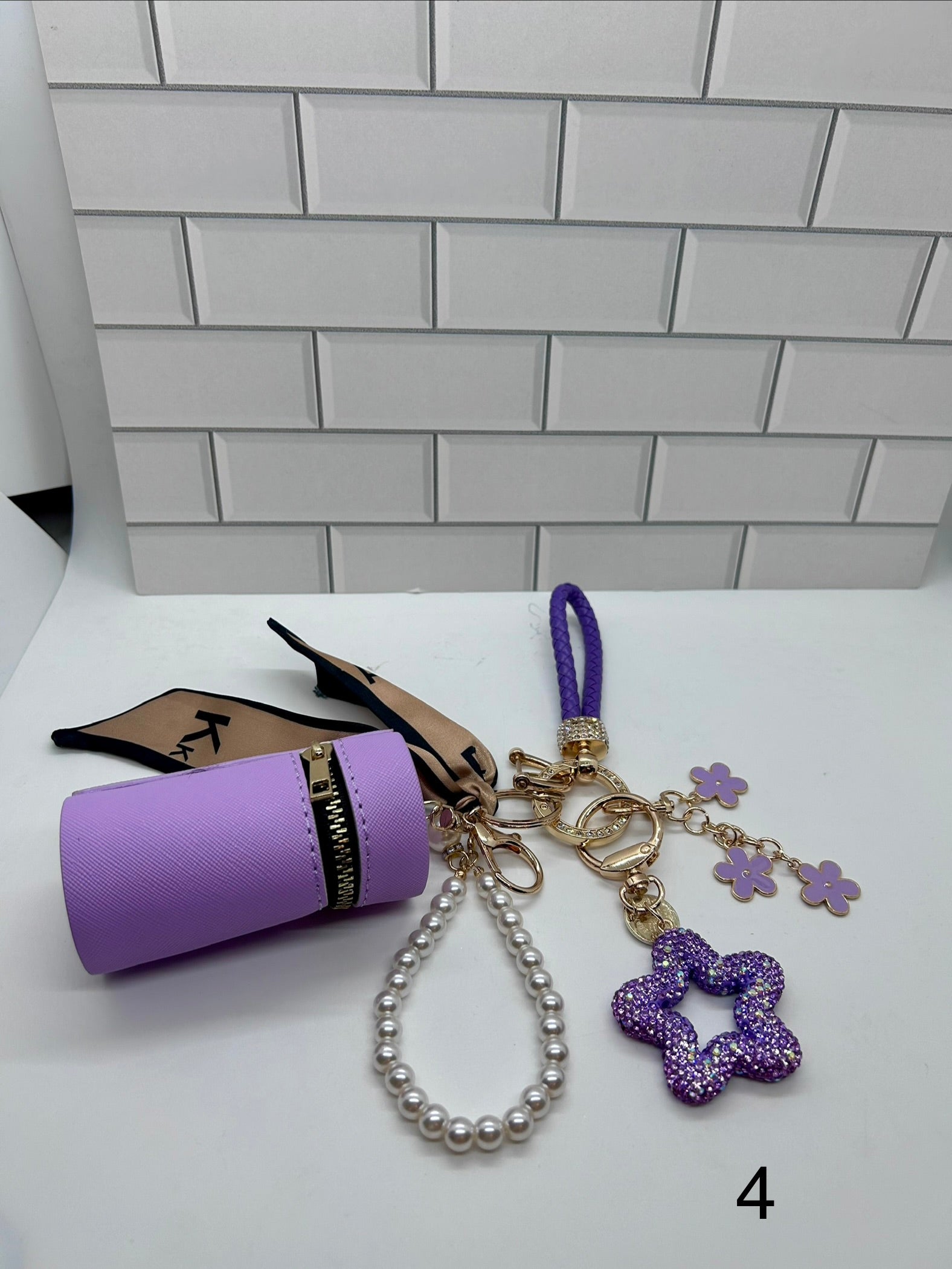 Purple Wristlet Keychain Bundles-Purple Cylindrical Bag, Purple Charms, Purple Star Charm