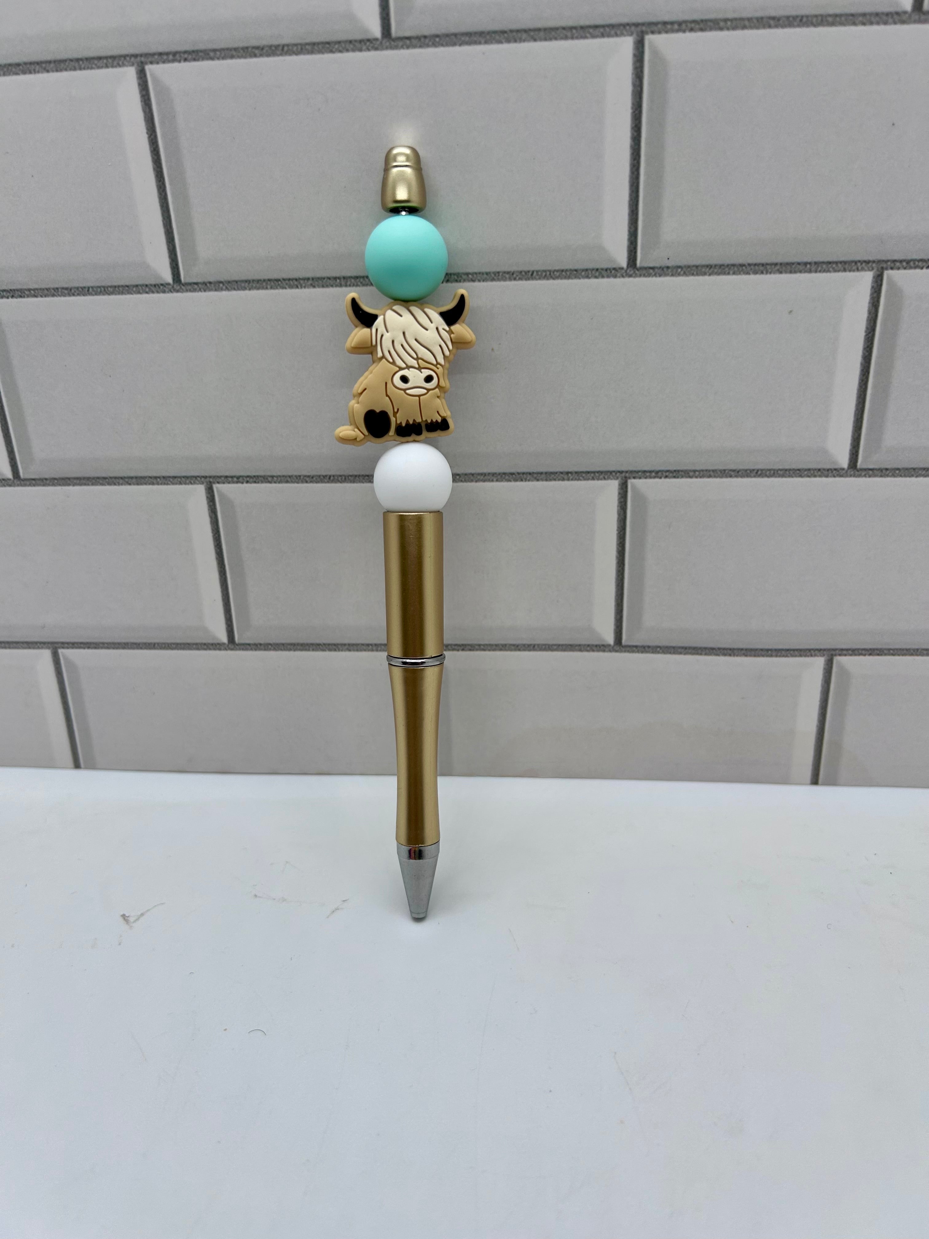 Beaded Ballpoint Pen- Gold Silicone with Cow Theme Focal