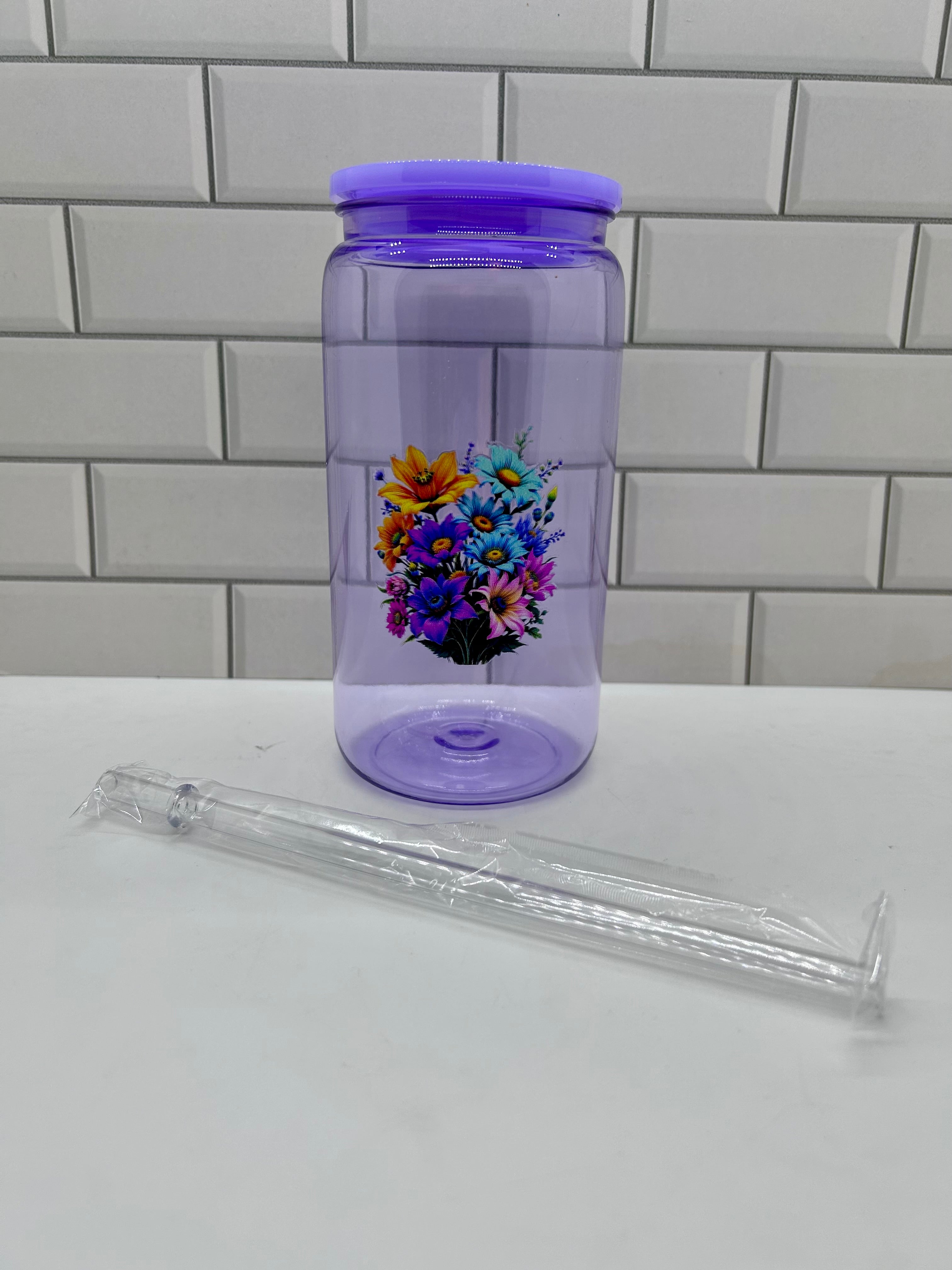 16 oz Acrylic Ombre Tumbler with Floral Theme-Purple