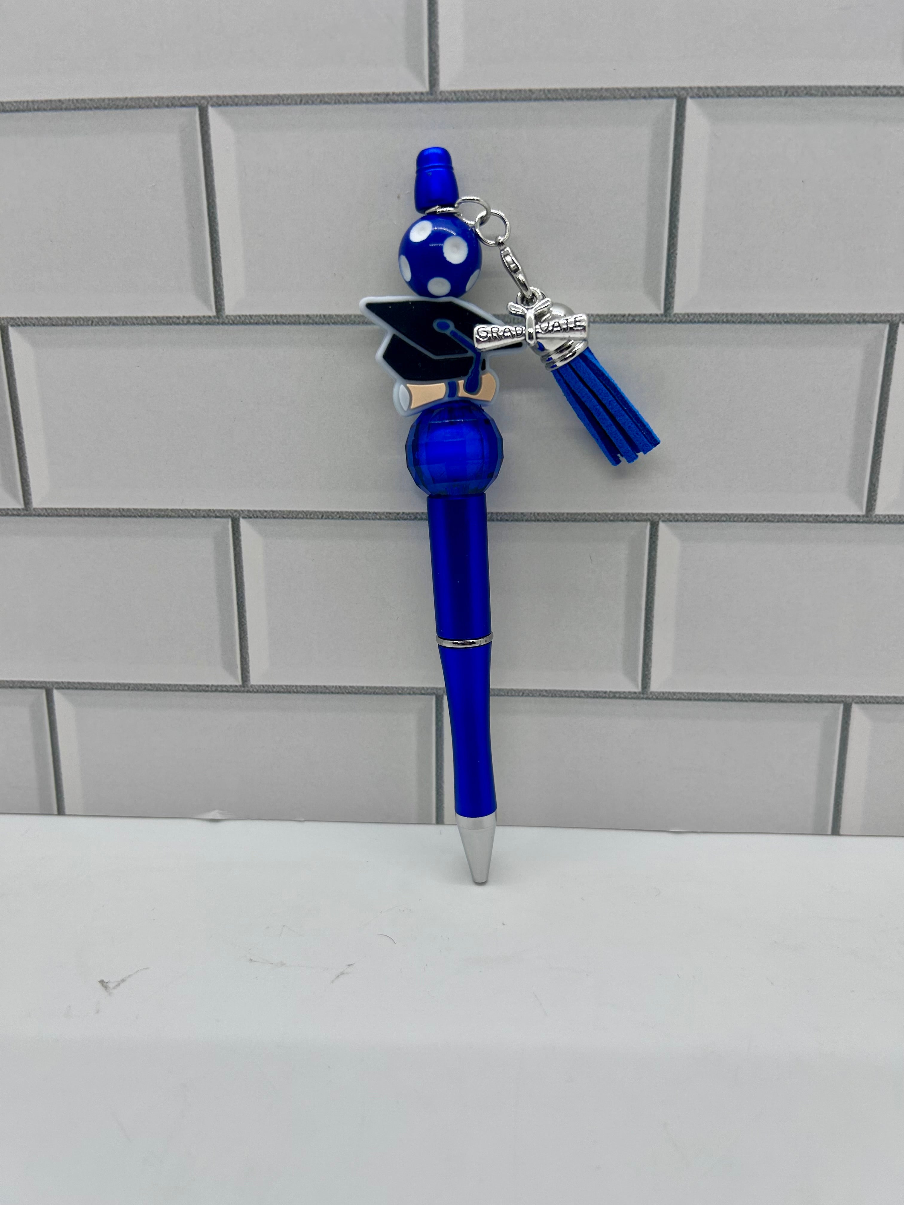 Beaded Ballpoint Pens-Blue with Graduation Theme