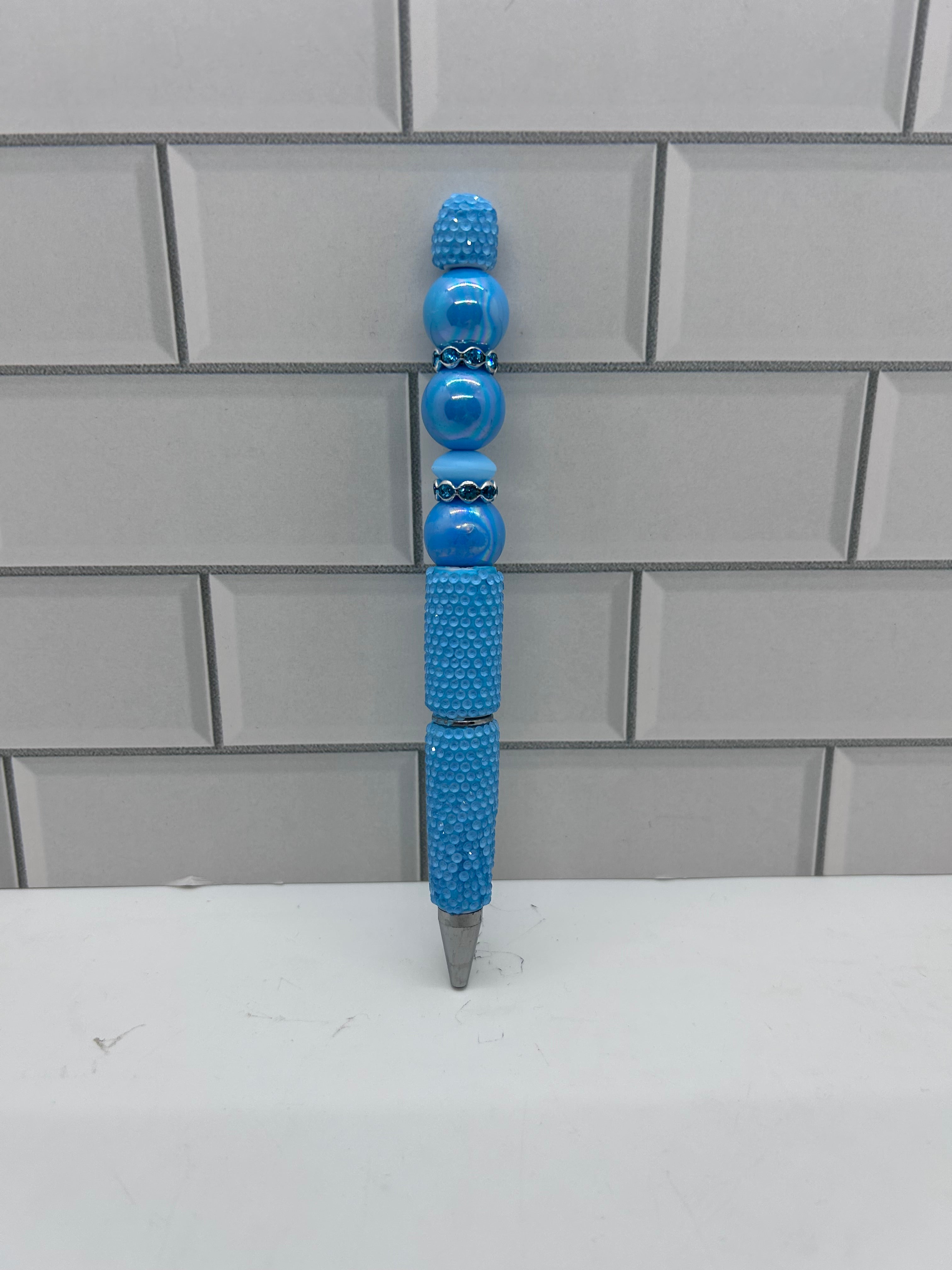 Rhinestone Beaded Ballpoint Pen-Lighter Blue