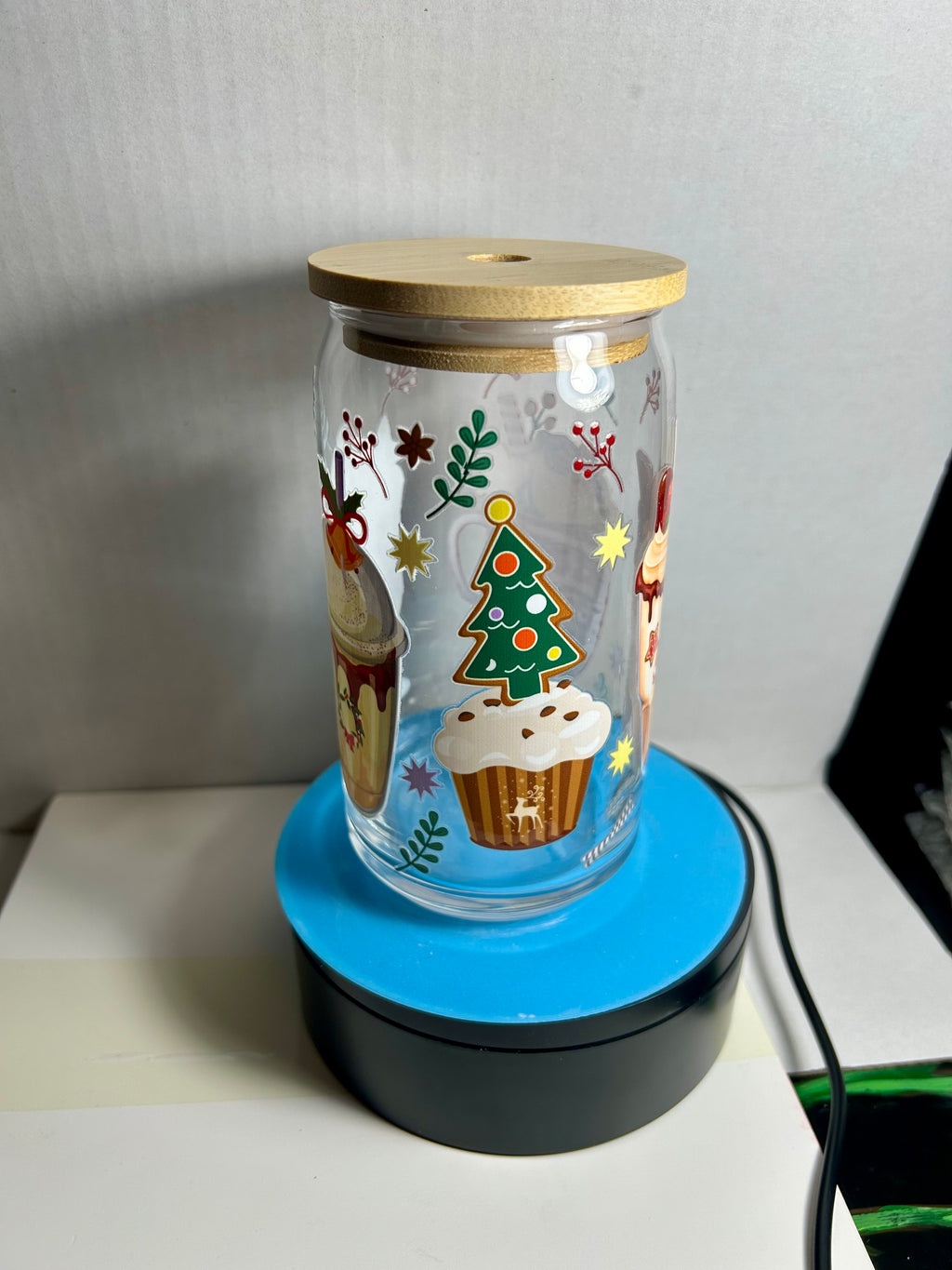 Gobelet en verre de 47 cl, paille en verre avec un magnifique motif de Noël