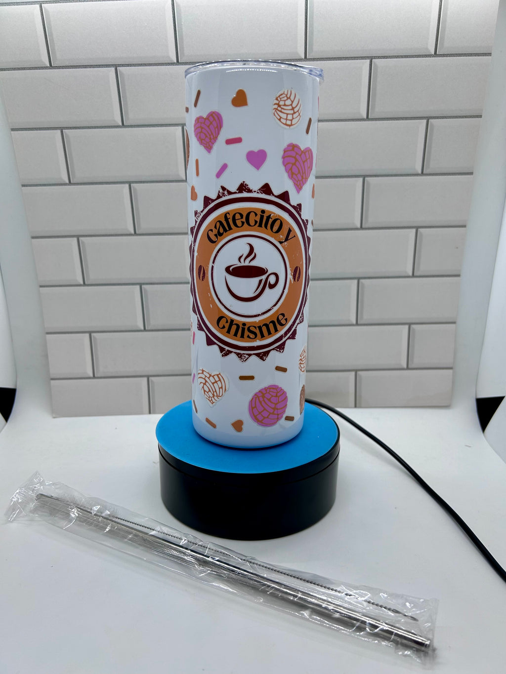 20 ounce Skinny Metal Tumbler With Metal Straw Featuring A Beautiful Coffee Theme Design