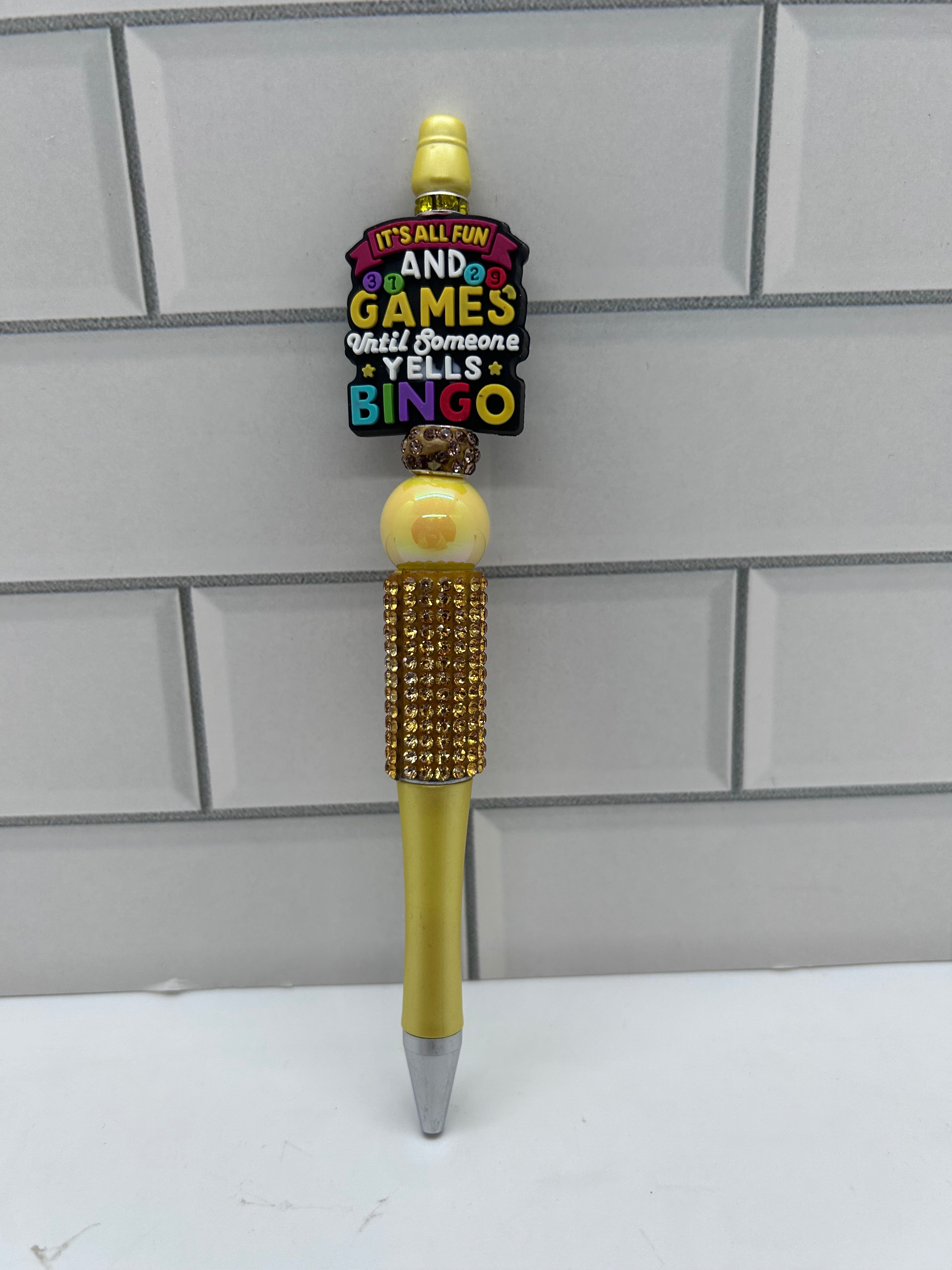 Beaded Ballpoint Pen, Yellow with Bingo Theme