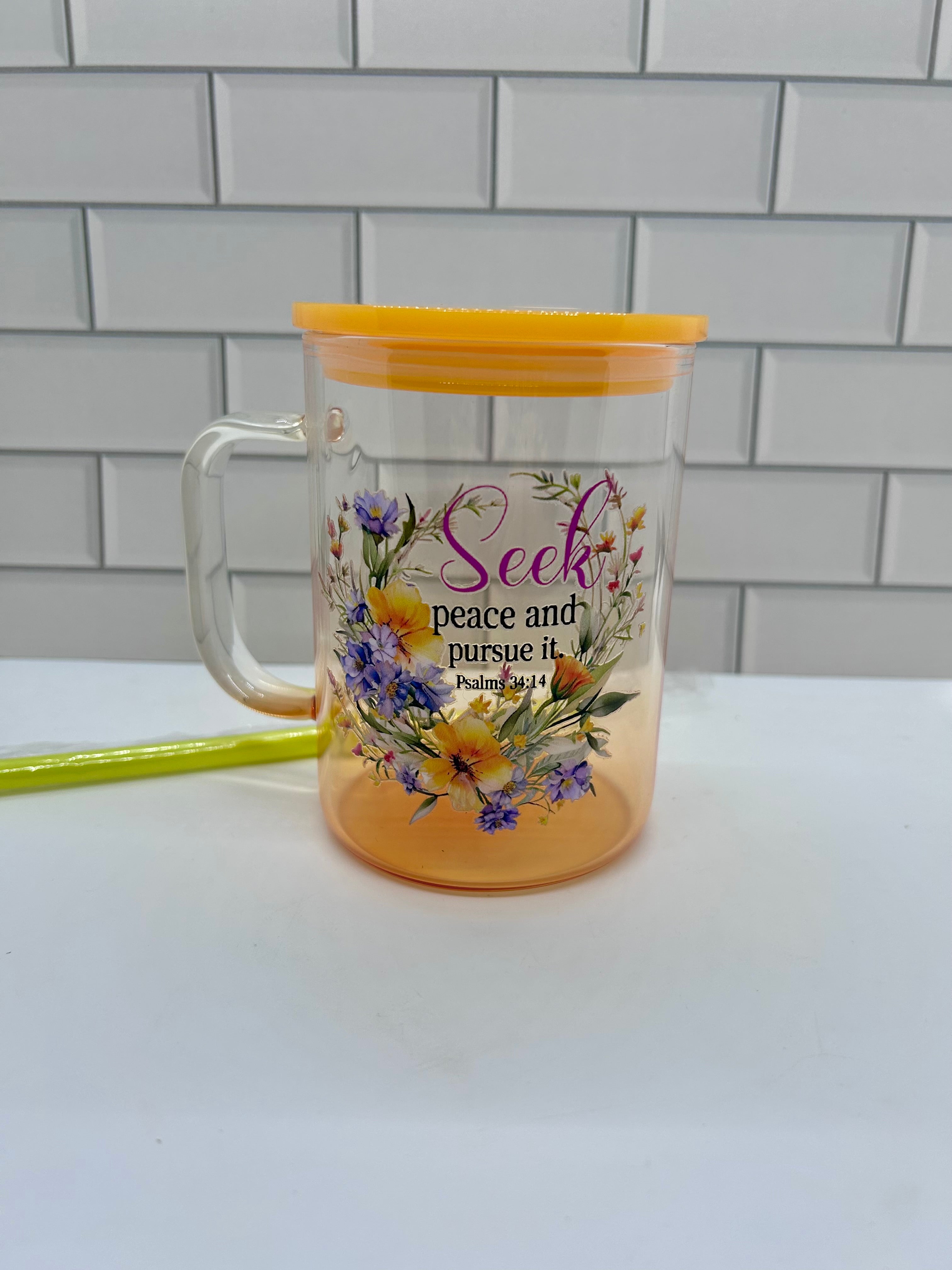 Mug de 16 oz en verre dégradé, jaune avec motif d'écriture sainte