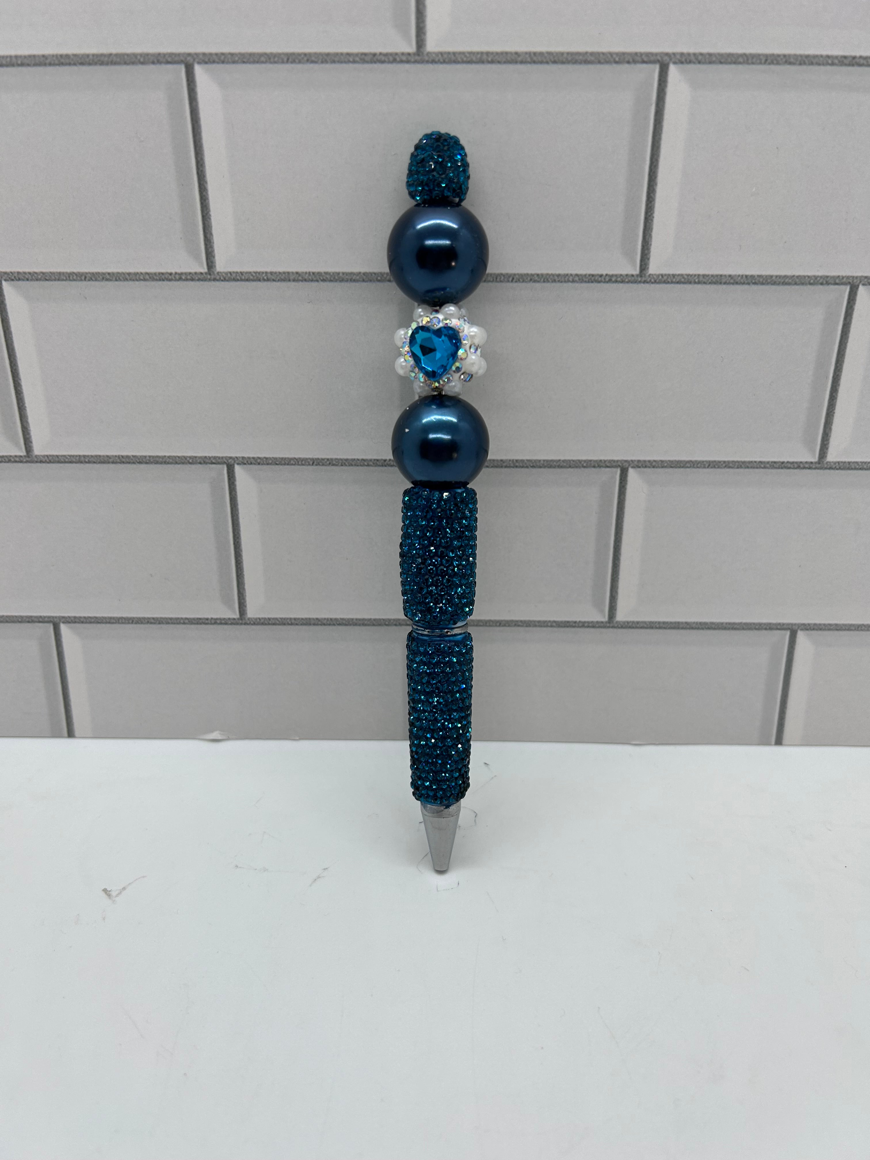 Rhinestone Beaded Ballpoint Pen-Blue/Green with Heart