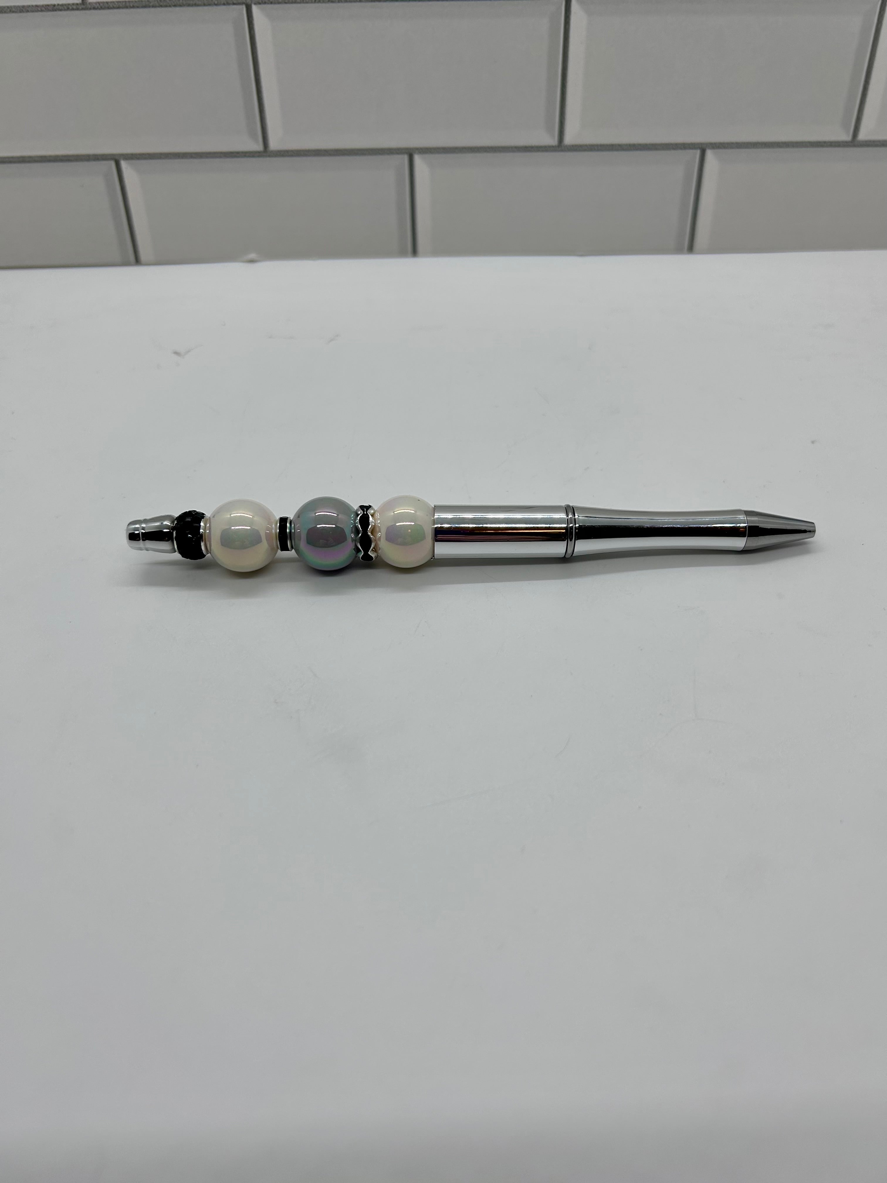 Beaded Ballpoint Pens-Metallic Silver Acrylic