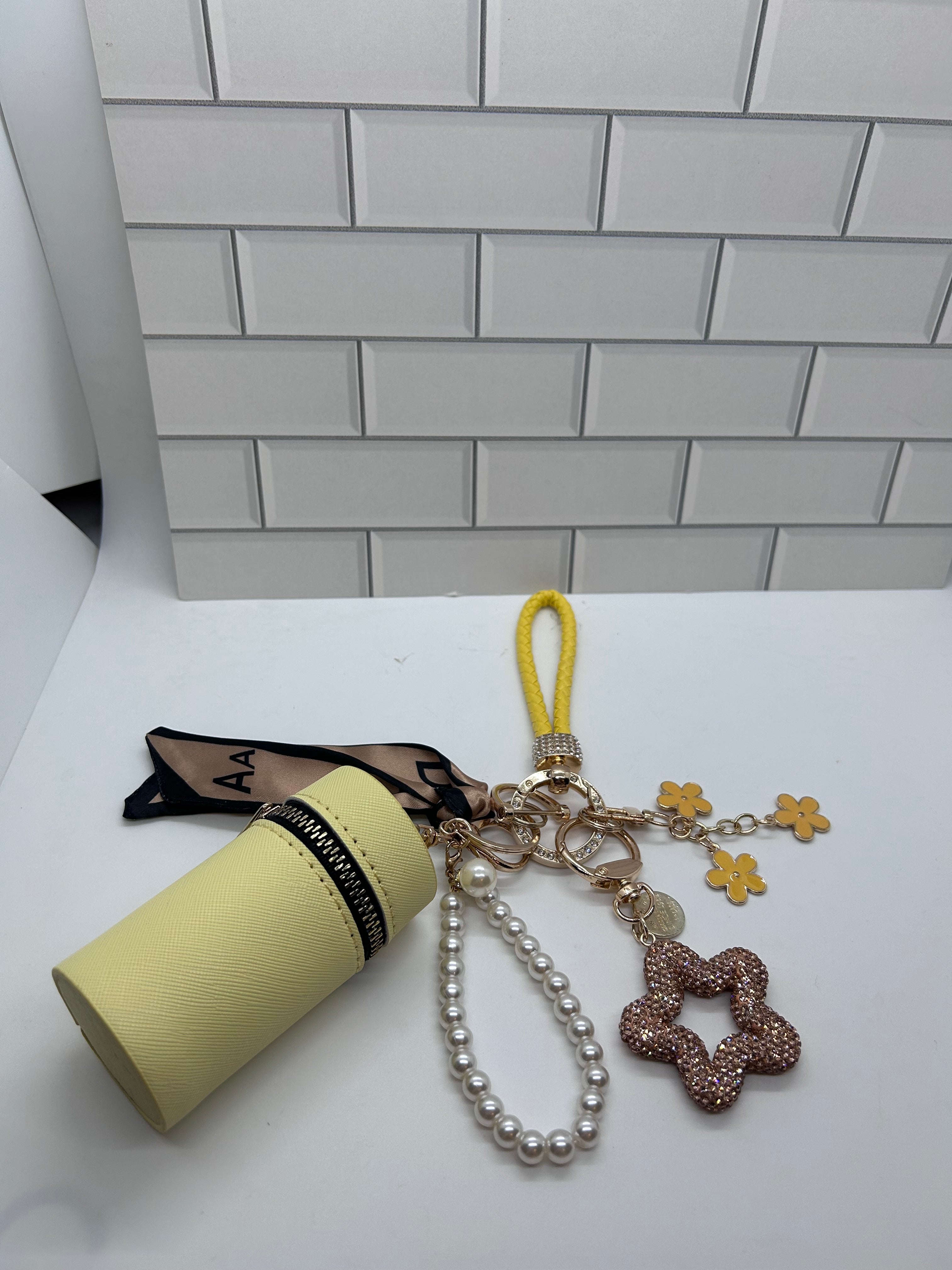 Yellow Wristlet Keychain Bundles-Yellow Cylindrical Bag, Yellow Charms, Champagne Star Charm