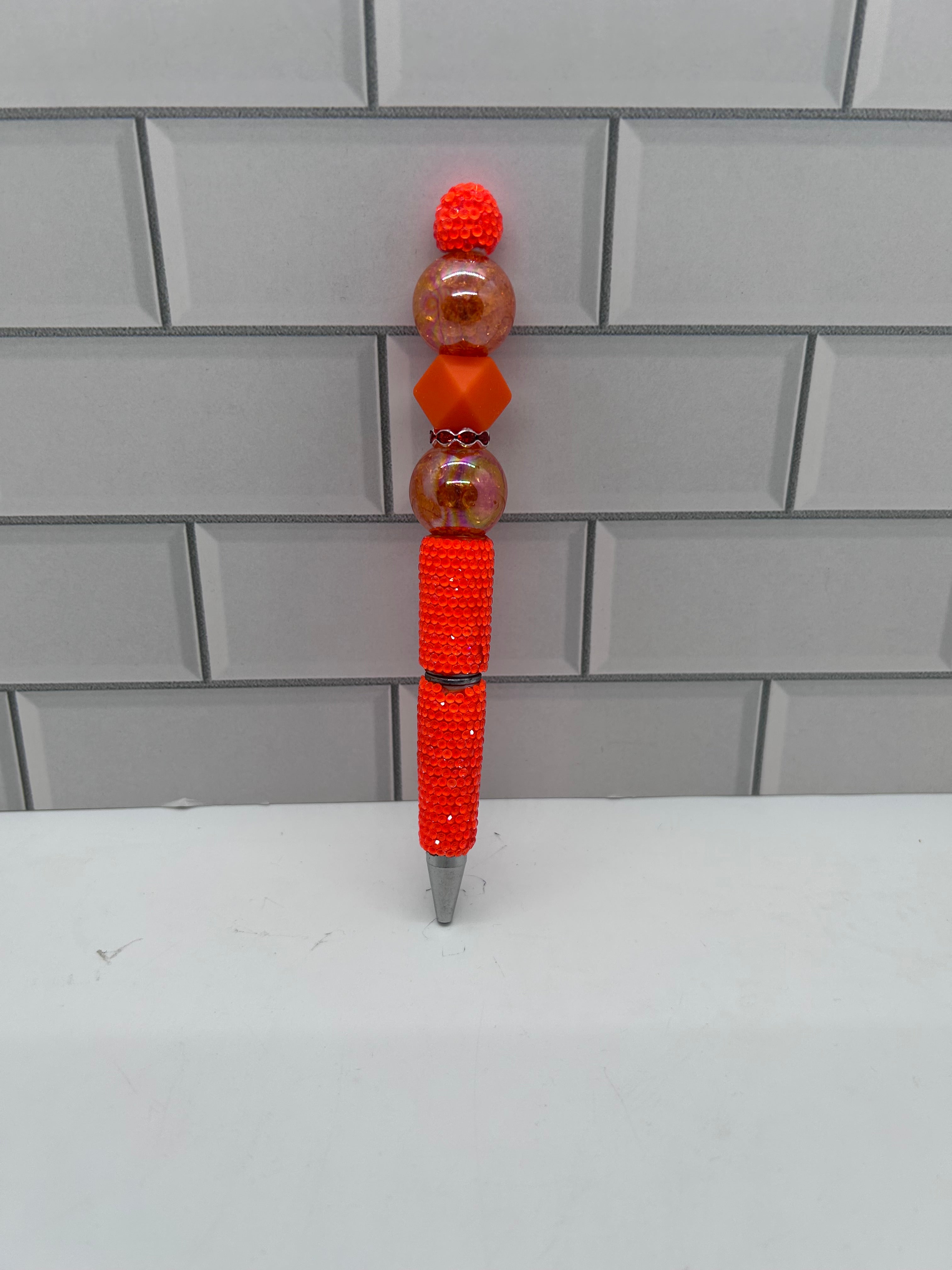 Rhinestone Beaded Ballpoint Pen-Orange (Rhinestone not perfect)
