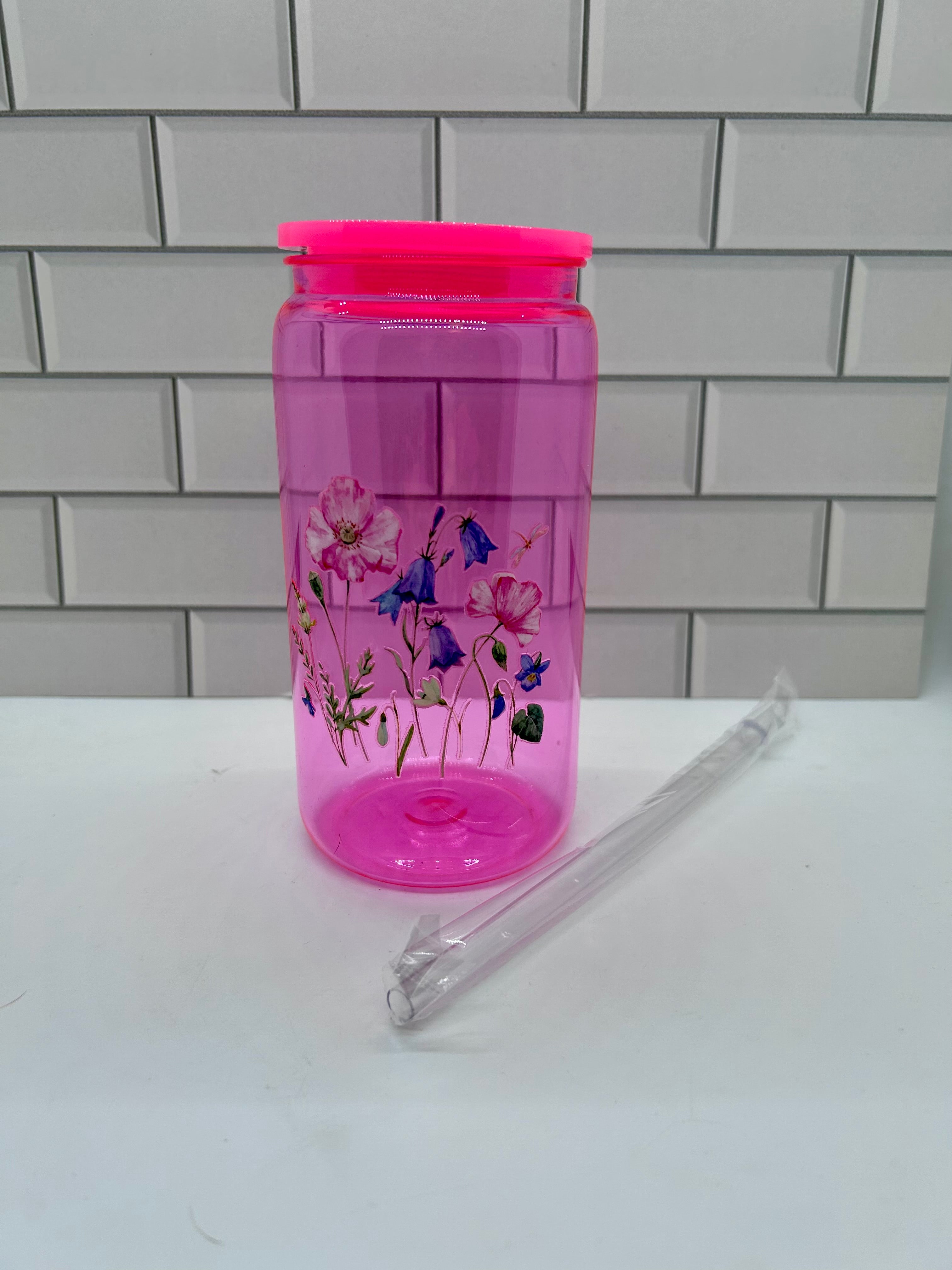 16 oz Acrylic Ombre Tumbler with Flowers Theme-Pink