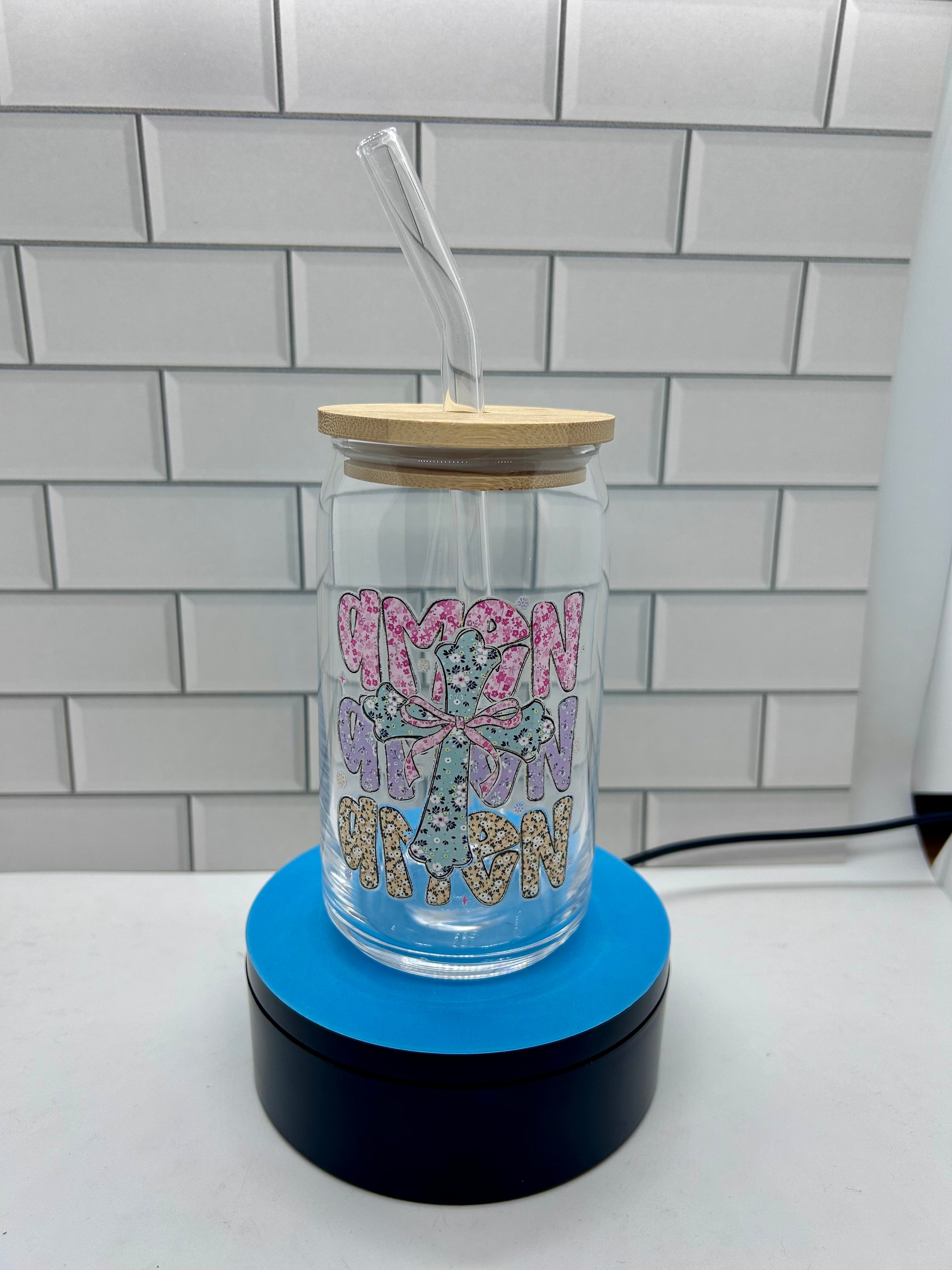 16 oz Glass Tumbler, Glass Straw featuring a Beautiful Easter Design