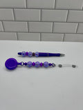 Enrouleur de badge perlé avec stylo perlé assorti - Violet