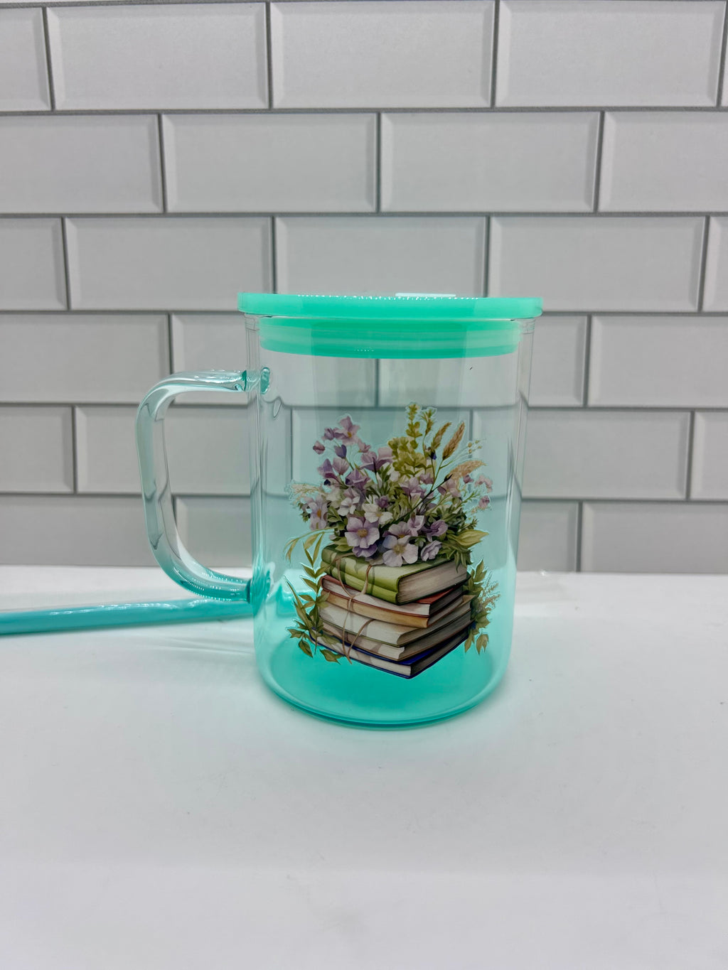 Mug en verre dégradé de 47 cl, vert avec thème littéraire