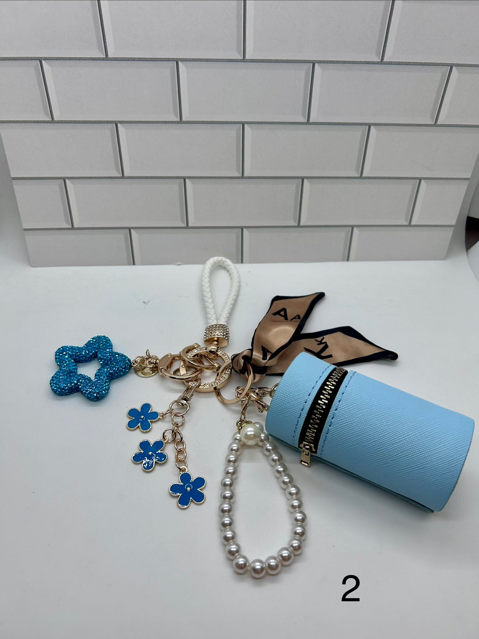 White Wristlet Keychain Bundles-Blue Cylindrical Bag, Blue Charms, Blue Star Charm