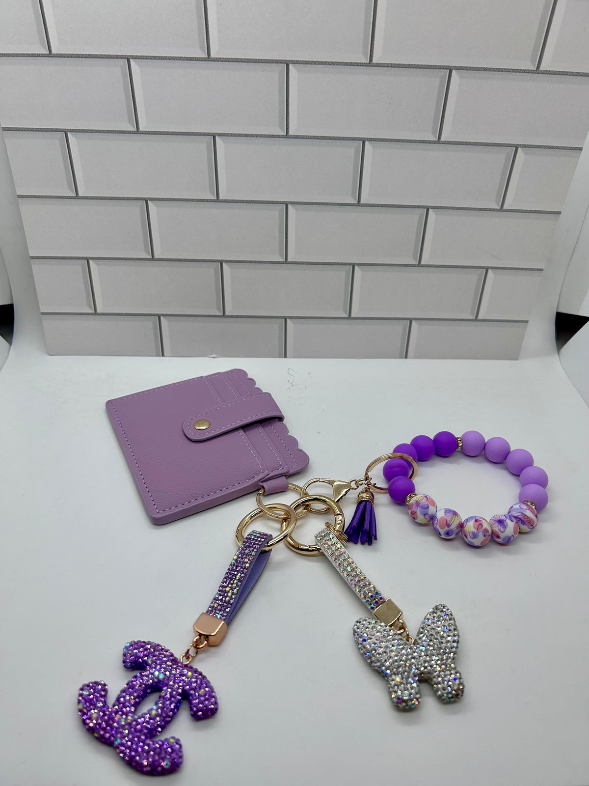 I.D. Wristlet Keychain Bundle-Purple with Purple CC Charm, White Butterfly Charm and Silicone Bracelet