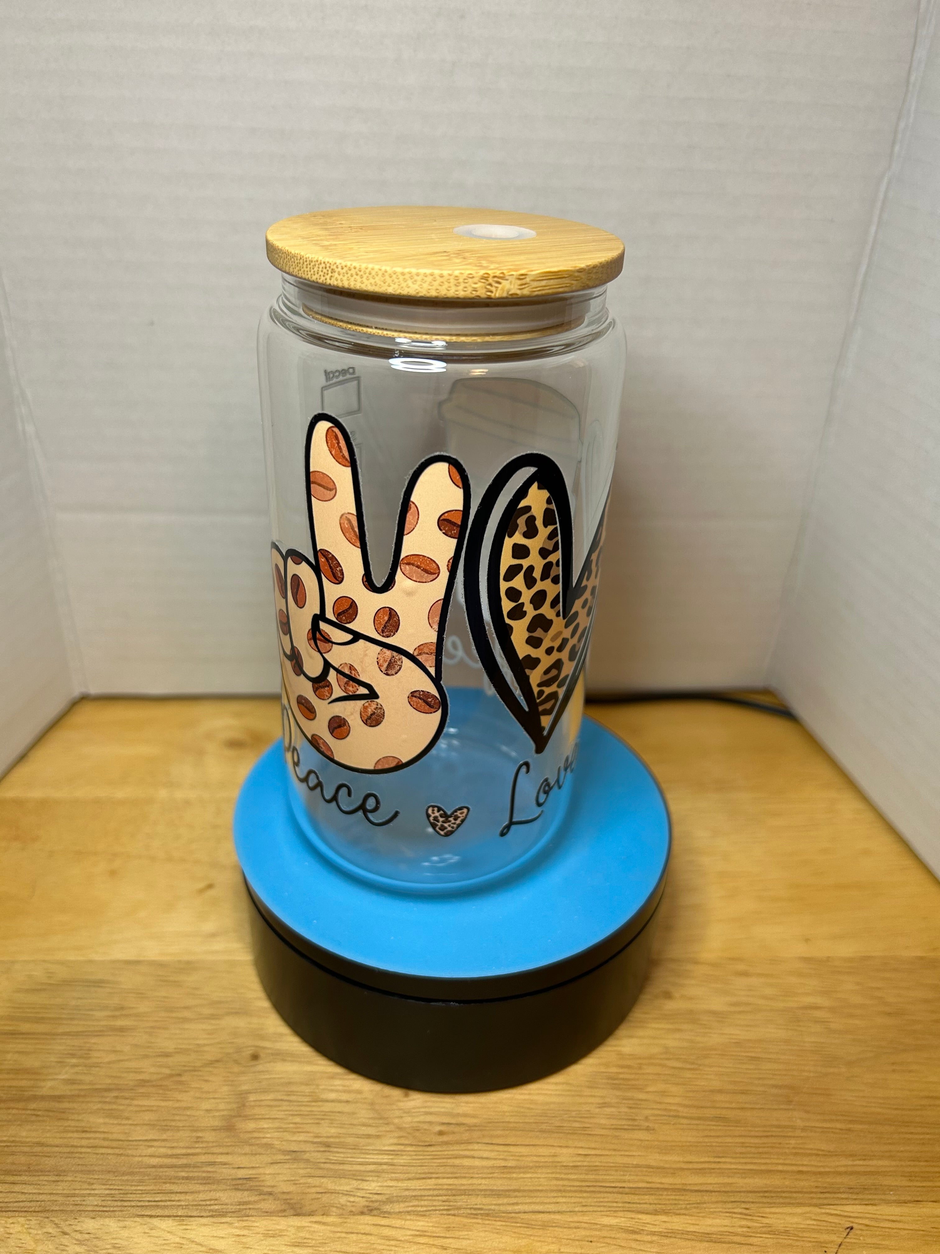 16 oz Glass Tumbler with a bamboo lid featuring a Beautiful Design, comes with metal straw and cleaning brush