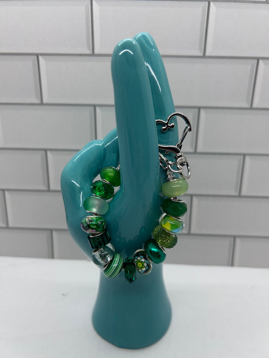 Beaded Silver Bag Charms-Green Acrylic Beads