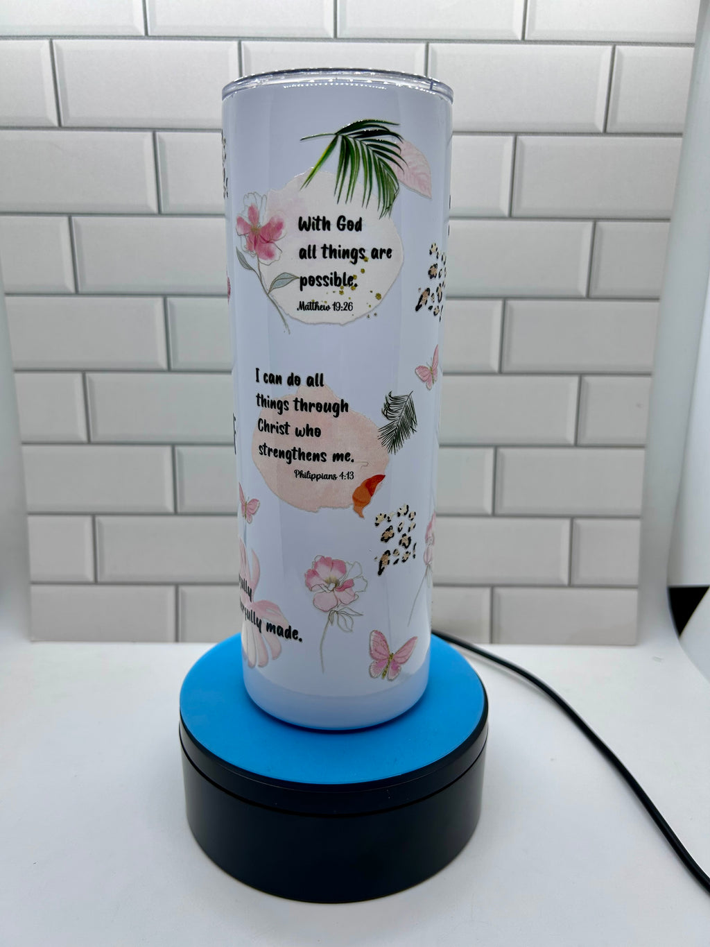 20 ounce Skinny Metal Tumbler With Metal Straw Featuring A Beautiful Inspirational Theme Design