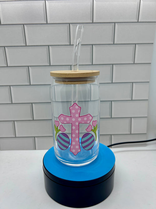 16 oz Glass Tumbler, Glass Straw featuring a Beautiful Easter Design