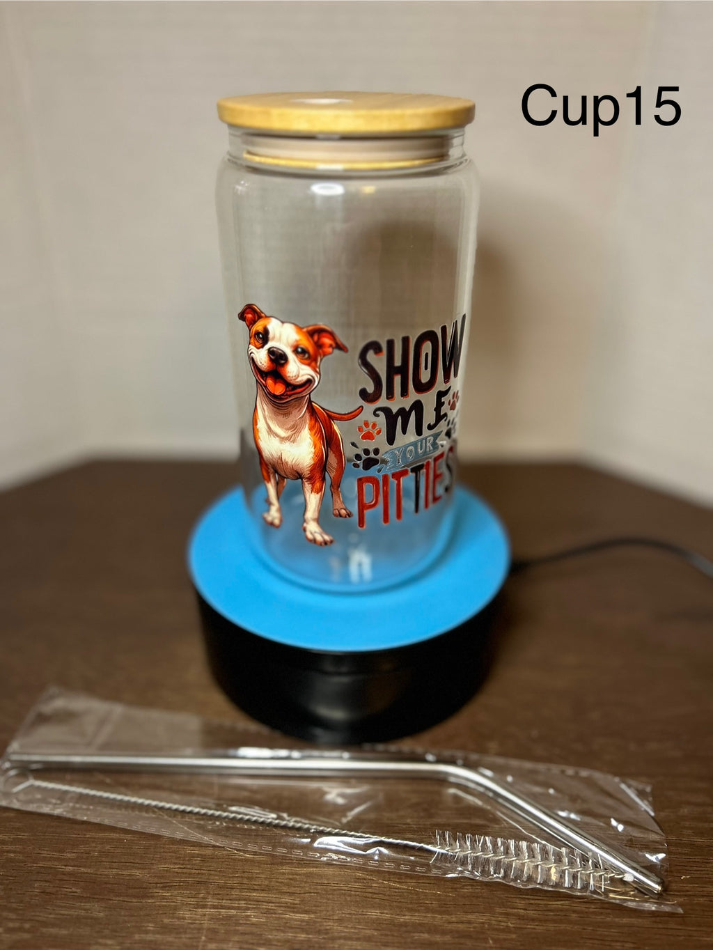16 oz Glass Tumbler with a bamboo lid featuring a Beautiful Design, comes with metal straw and cleaning brush