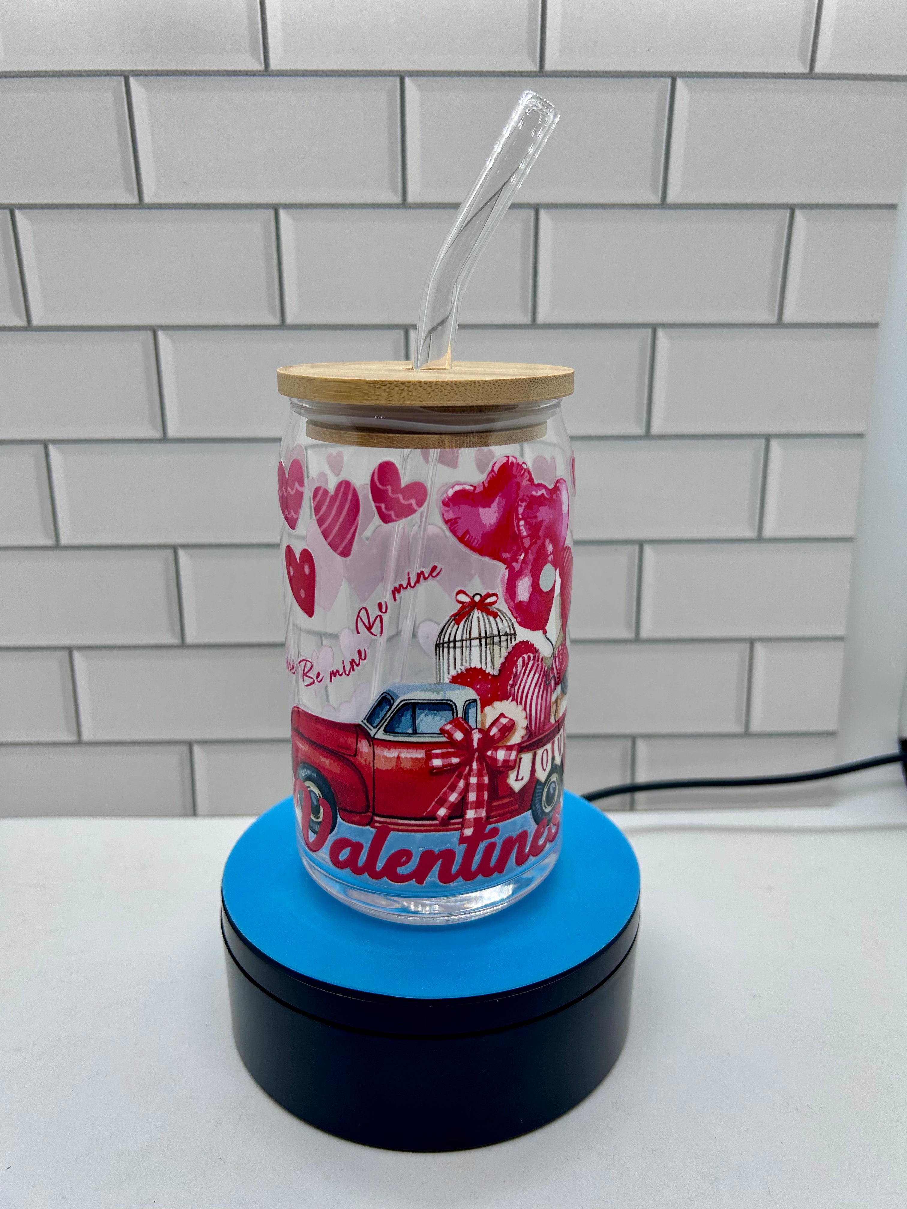 16 oz Glass Tumbler, Glass Straw featuring a Beautiful Valentines Day Design
