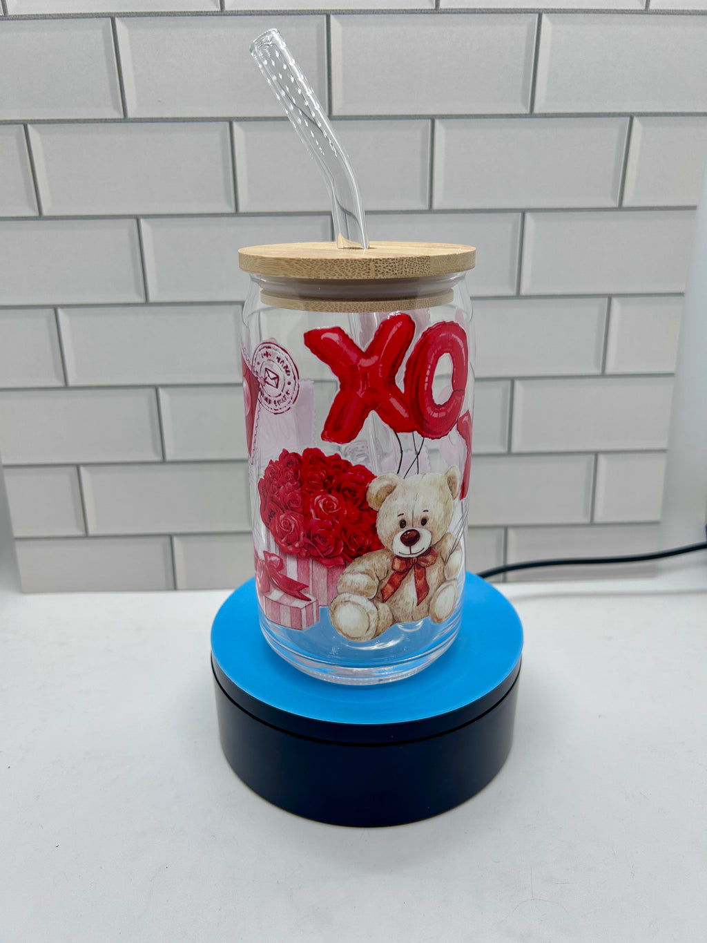 Tumbler en verre de 47 cl, paille en verre avec un magnifique design Saint-Valentin