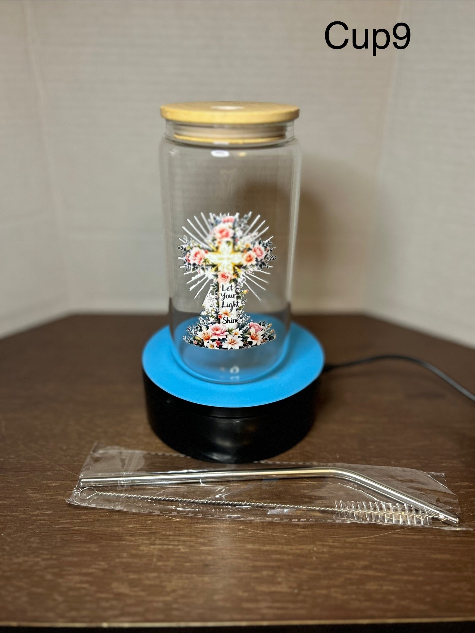 16 oz Glass Tumbler with a bamboo lid featuring a Beautiful Design, comes with metal straw and cleaning brush