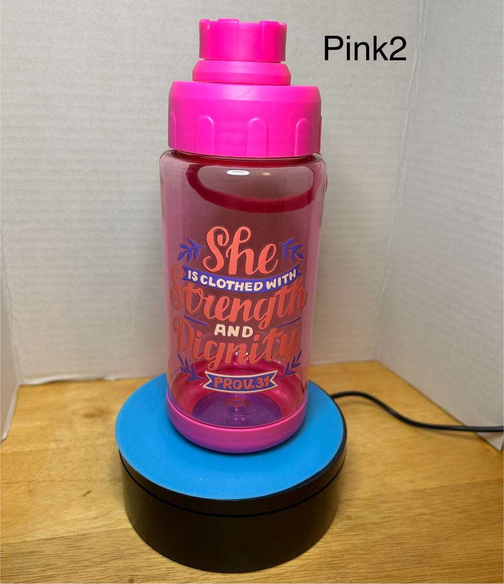 14 oz Plastic Water Bottle with Handle and Screw on Lid featuring a Beautiful Design