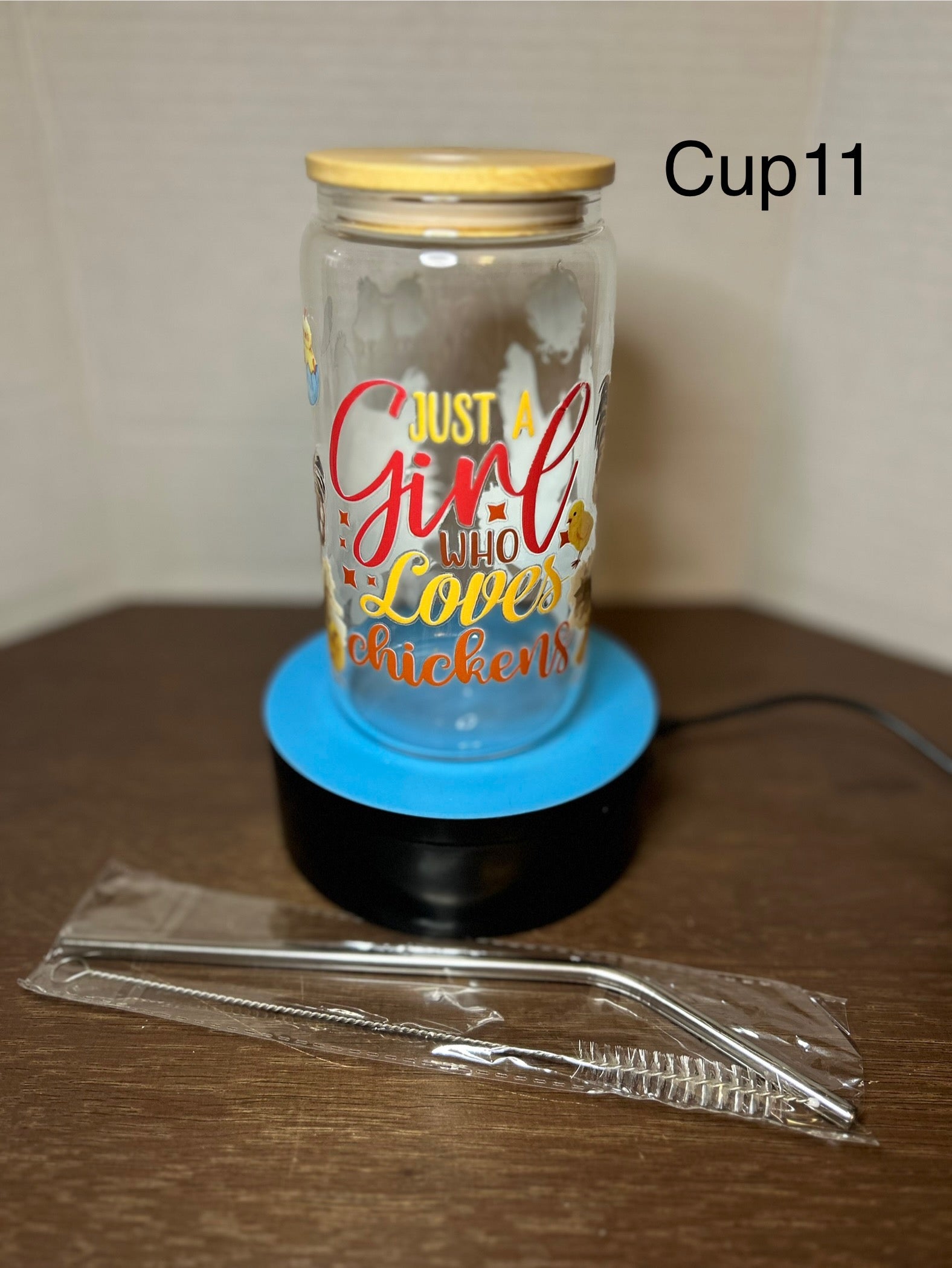 16 oz Glass Tumbler with a bamboo lid featuring a Beautiful Design, comes with metal straw and cleaning brush