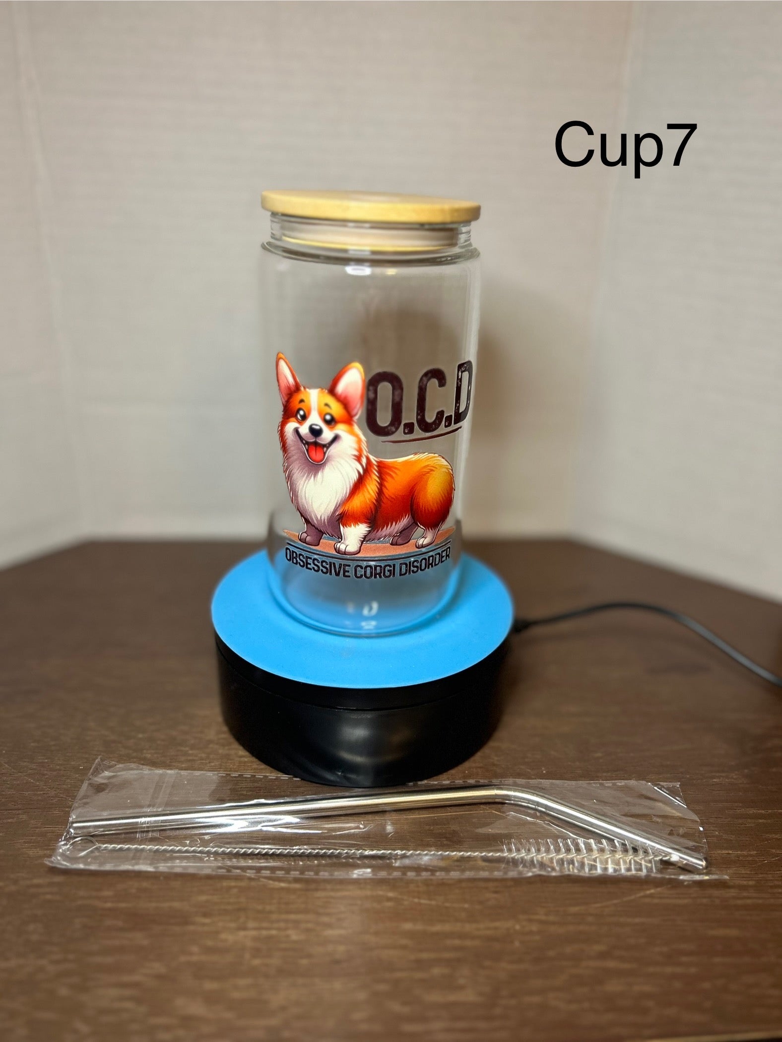 16 oz Glass Tumbler with a bamboo lid featuring a Beautiful Design, comes with metal straw and cleaning brush