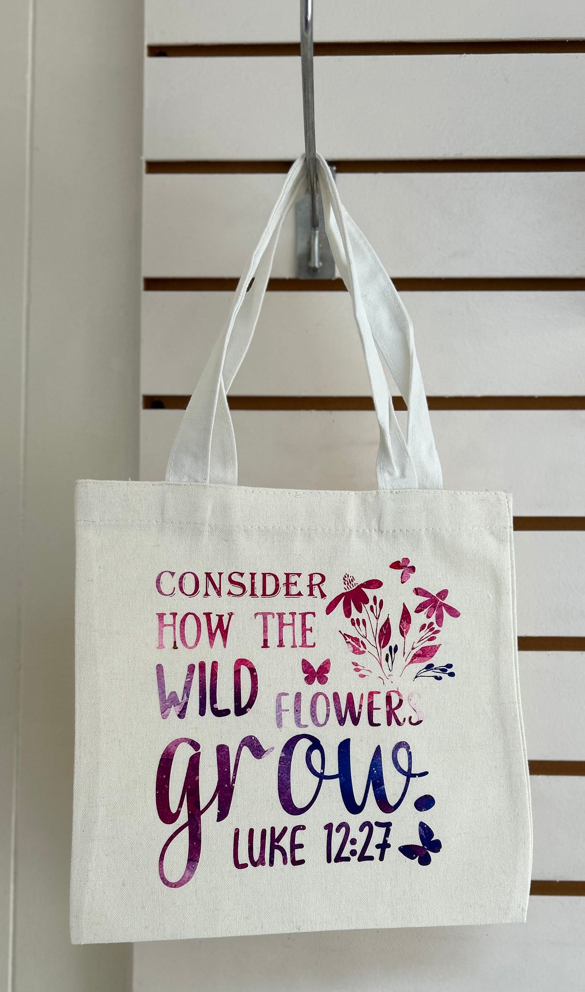 Canvas Mini Tote Bag With White Handles, Featuring a Beautiful Inspirational Design. 10x10 inches