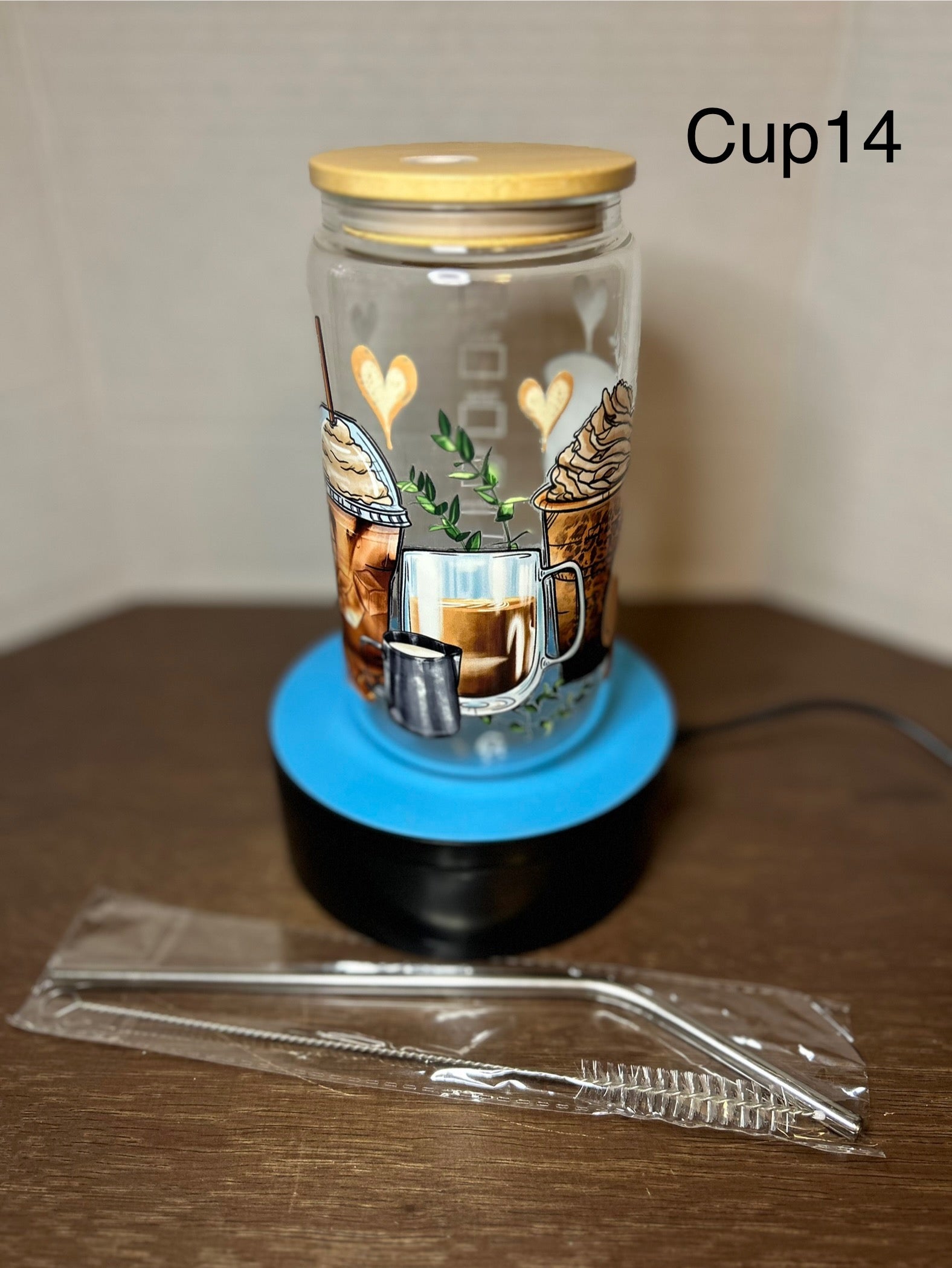 16 oz Glass Tumbler with a bamboo lid featuring a Beautiful Design, comes with metal straw and cleaning brush