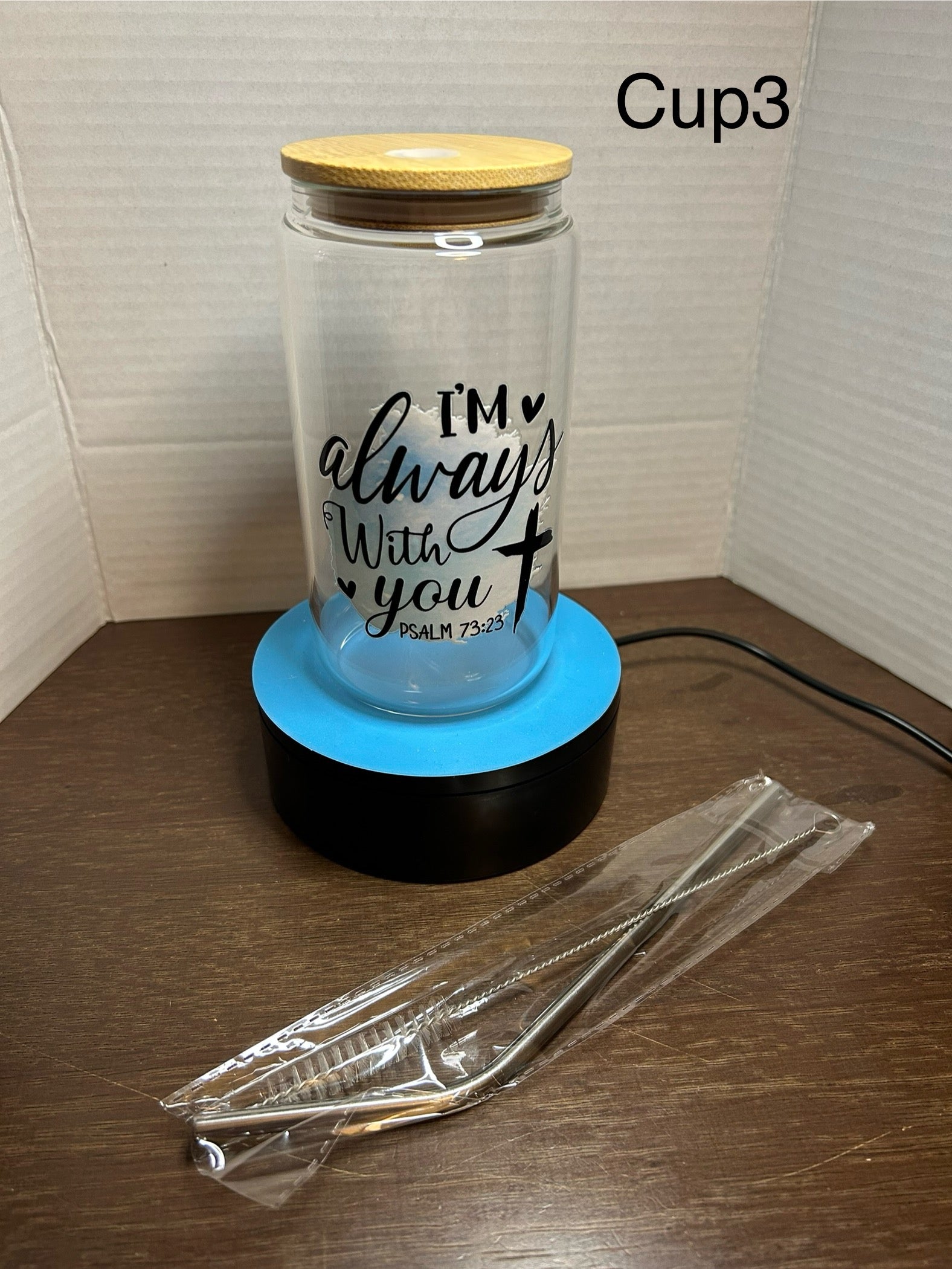 16 oz Glass Tumbler with a bamboo lid featuring a Beautiful Design, comes with metal straw and cleaning brush