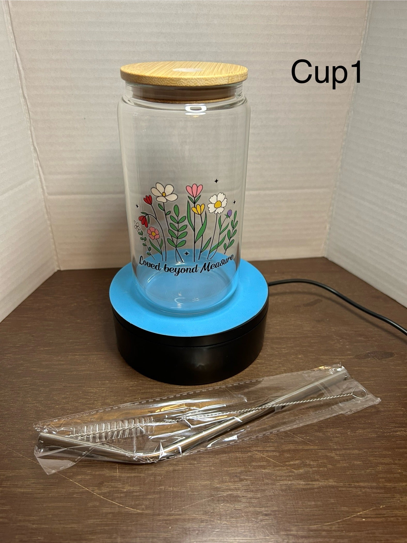 16 oz Glass Tumbler with a bamboo lid featuring a Beautiful Design, comes with metal straw and cleaning brush