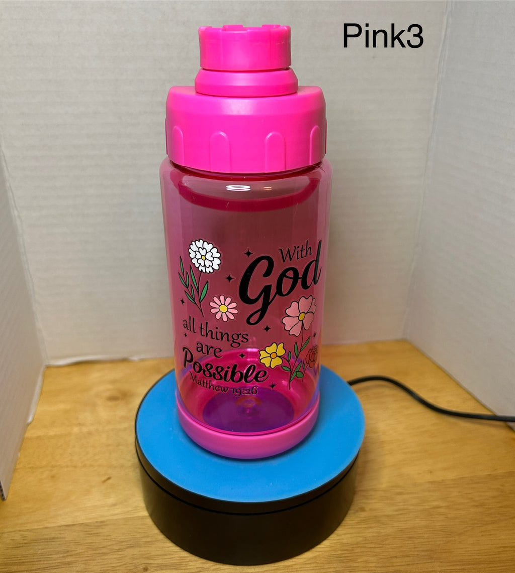 14 oz Plastic Water Bottle with Handle and Screw on Lid featuring a Beautiful Design
