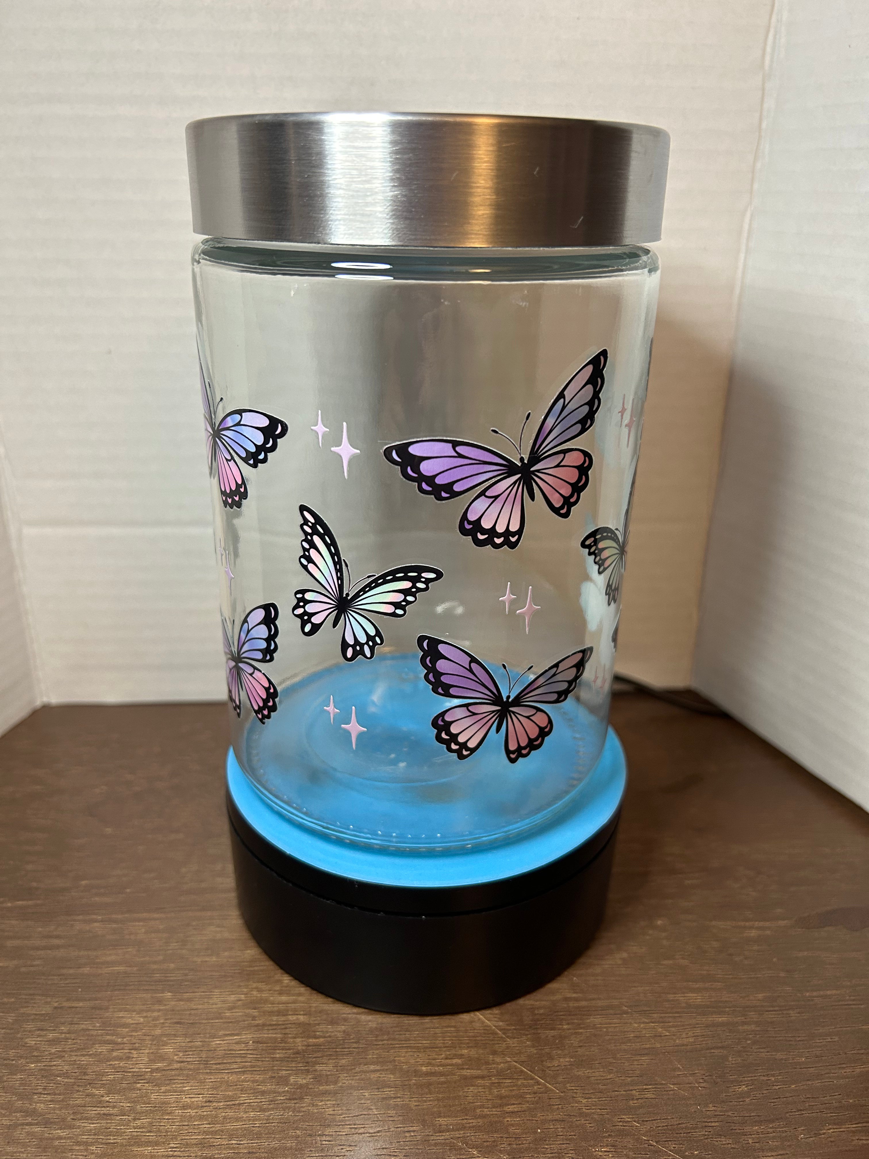 Bocal en verre avec couvercle métallique orné d'un magnifique motif papillon, 1,1 litre