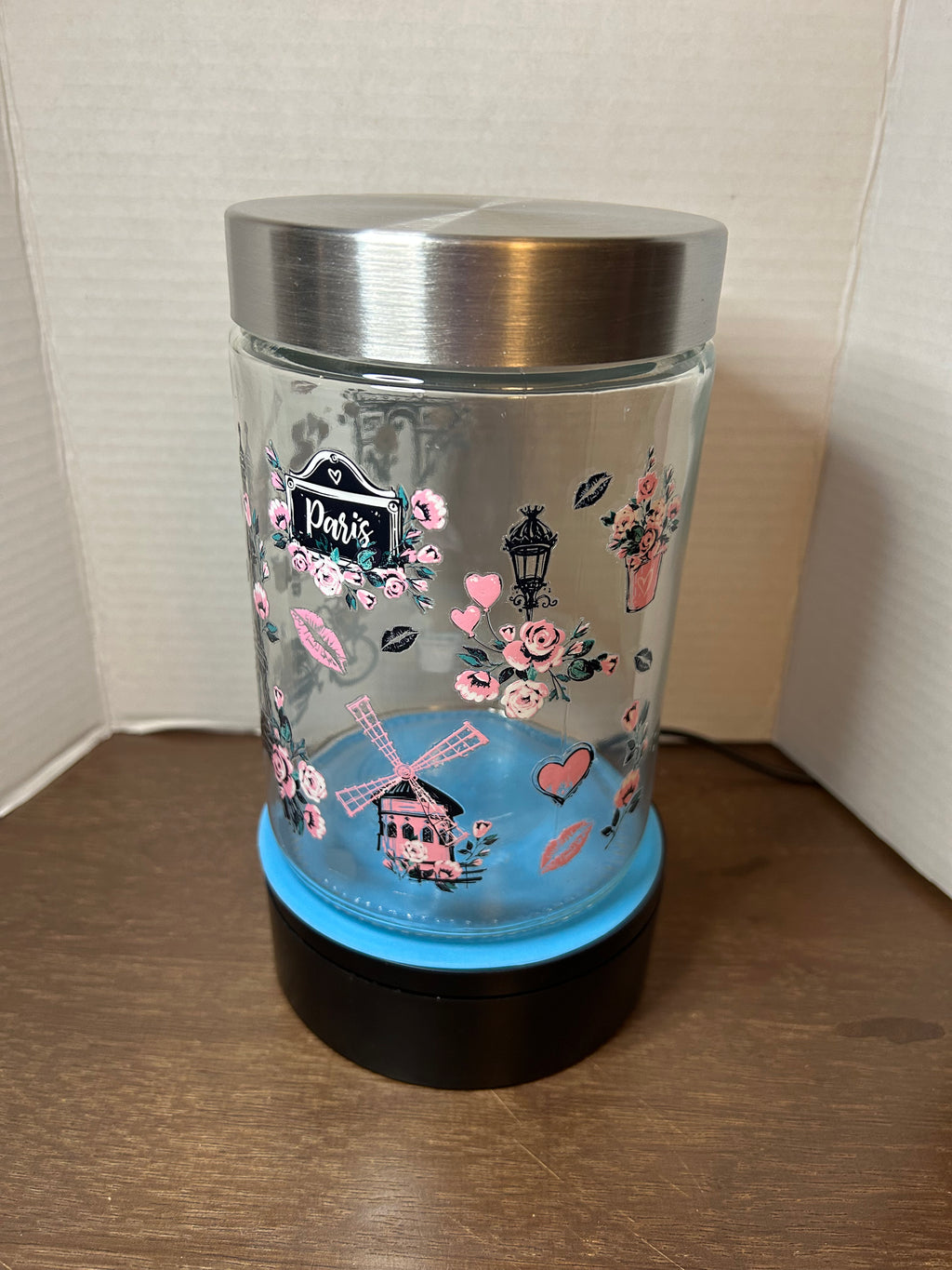 Bocal en verre avec couvercle en métal, orné d'un magnifique motif sur le thème de Paris, 1,1 litre