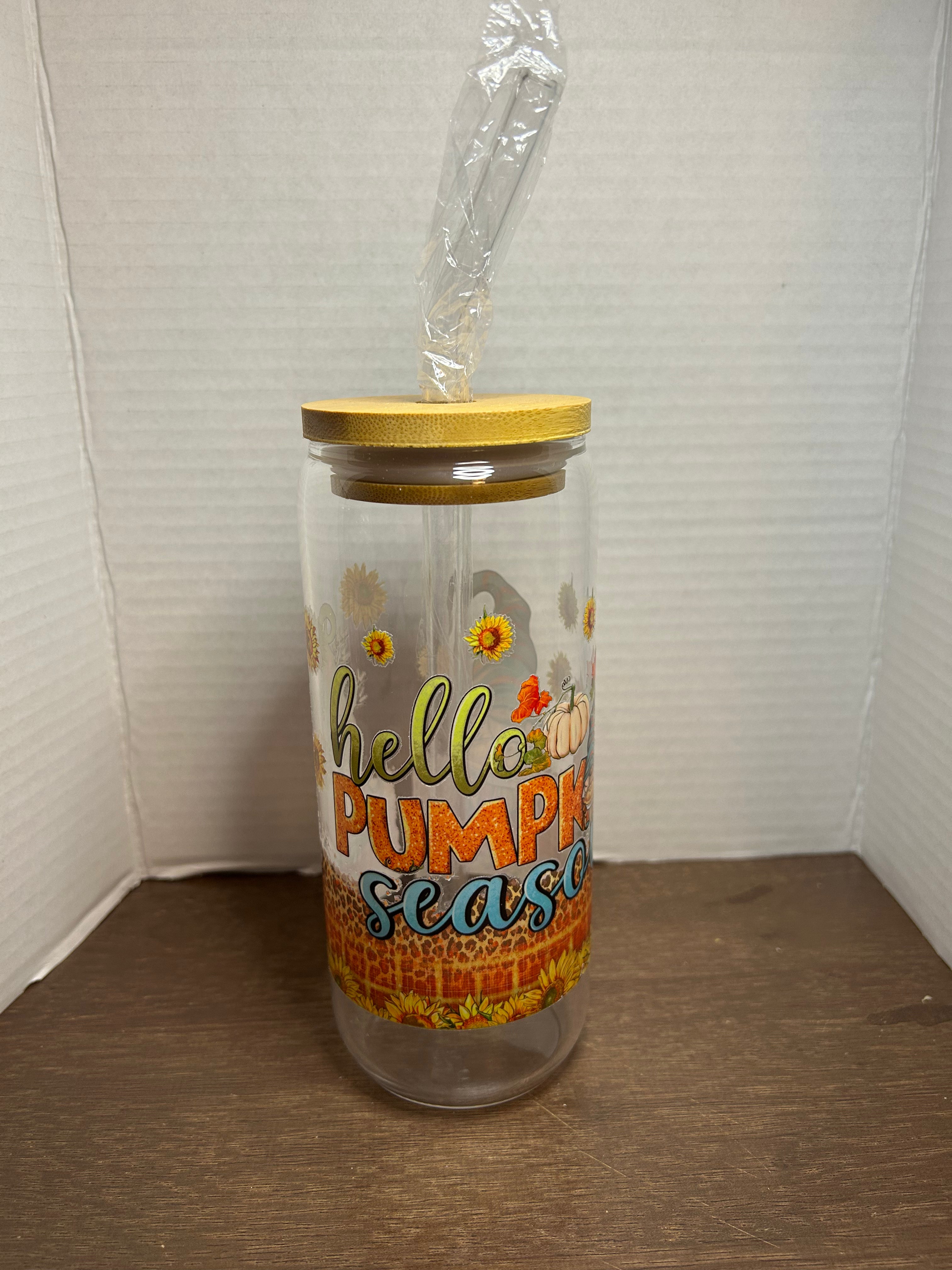 Gobelet en verre de 20 oz avec couvercle en bambou et paille en verre sur le thème de l'automne